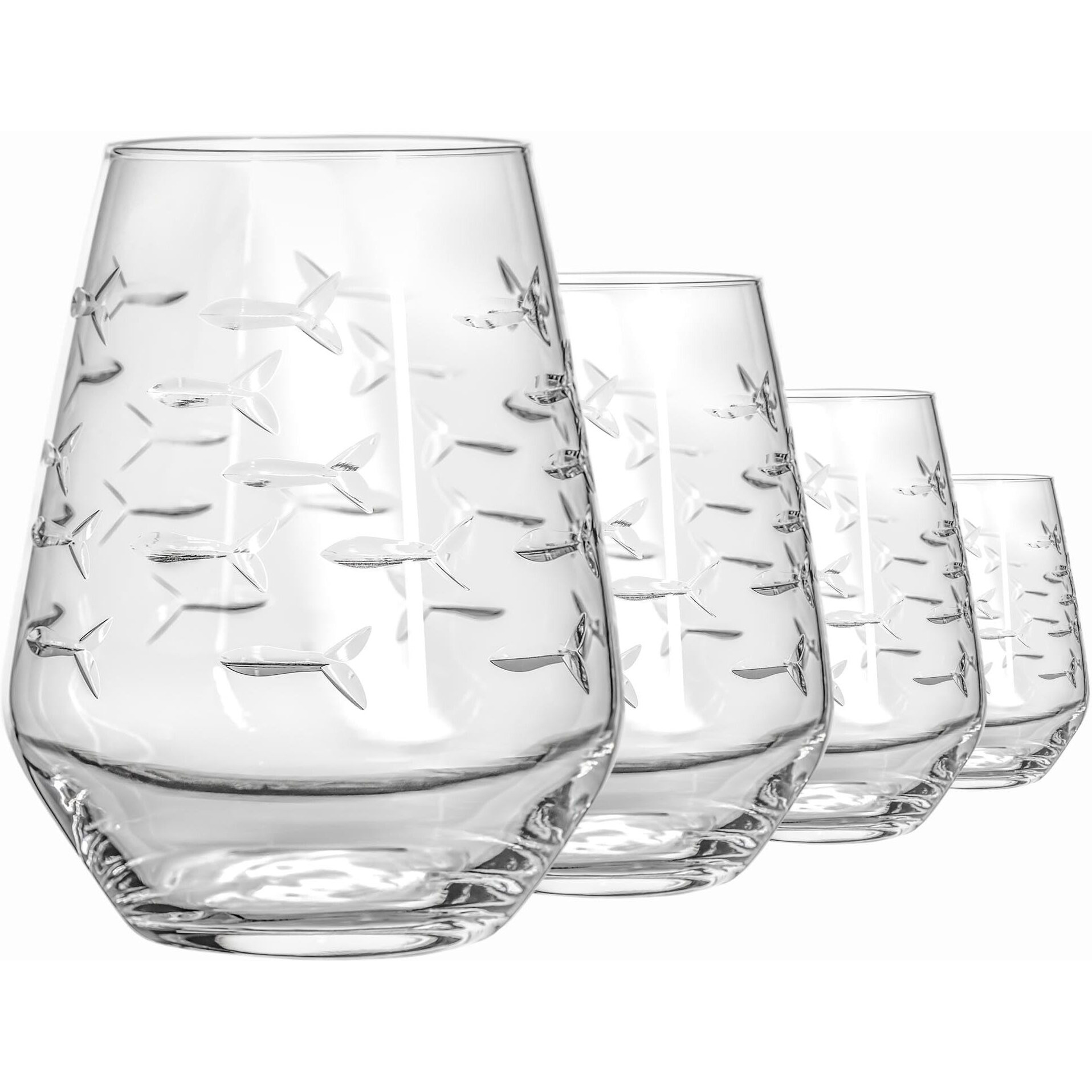 Rolf Glass | School Of Fish Stemless Tumbler | Stemless Wine Glasses 18Oz | Lead-Free Glass | Engraved And Polished In Pennsylvania | Us Made (Set Of 4)