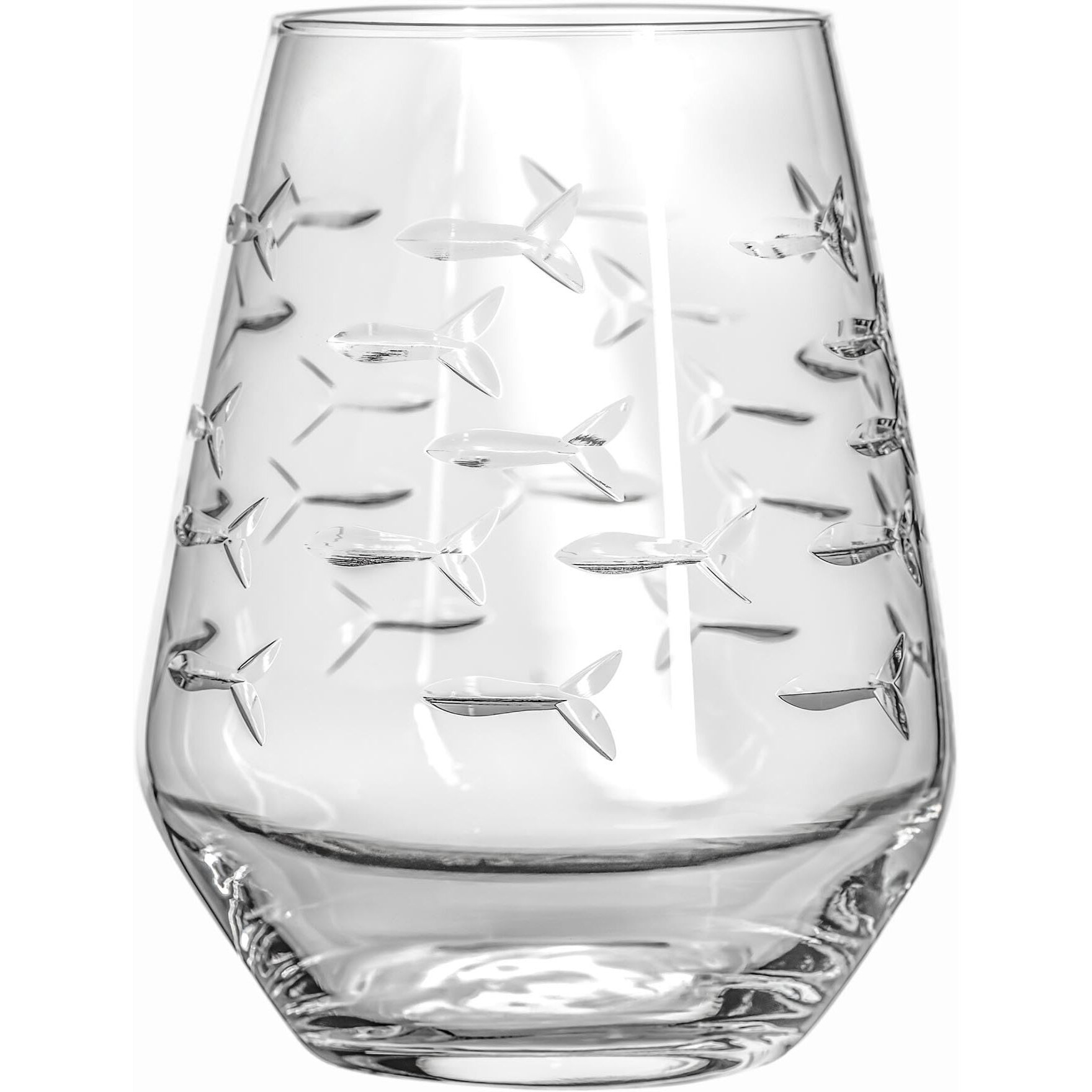 Rolf Glass | School Of Fish Stemless Tumbler | Stemless Wine Glasses 18Oz | Lead-Free Glass | Engraved And Polished In Pennsylvania | Us Made (Set Of 4)
