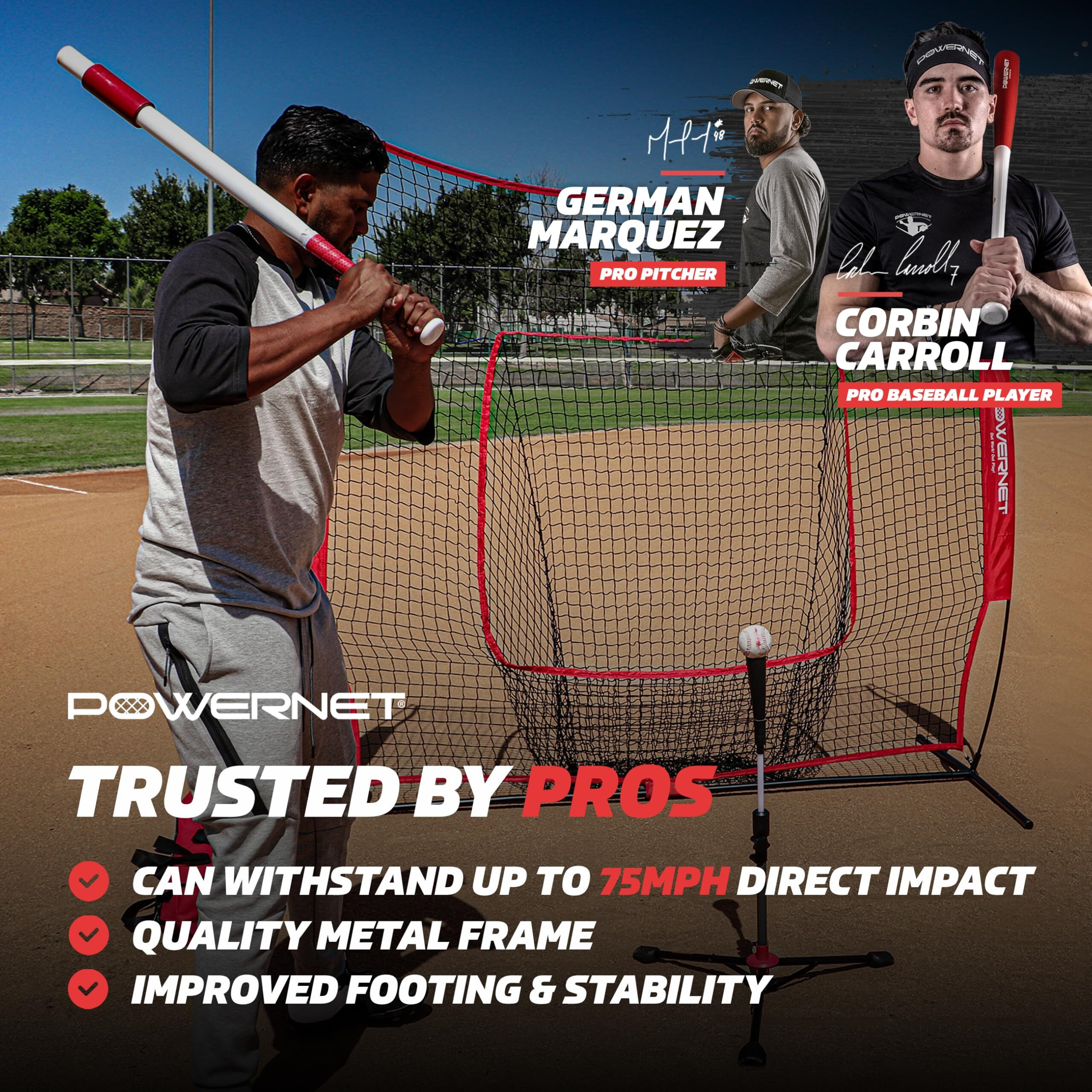 Powernet Corbin Carroll Baseball Softball Batting Tee | Hitting Drill Coaching Aid | Adjustable Height 27.5"" - 44"" | Portable Collapsible | Rubber Top | Extra Wide Base (Deluxe Tee | 2.5 Pounds)