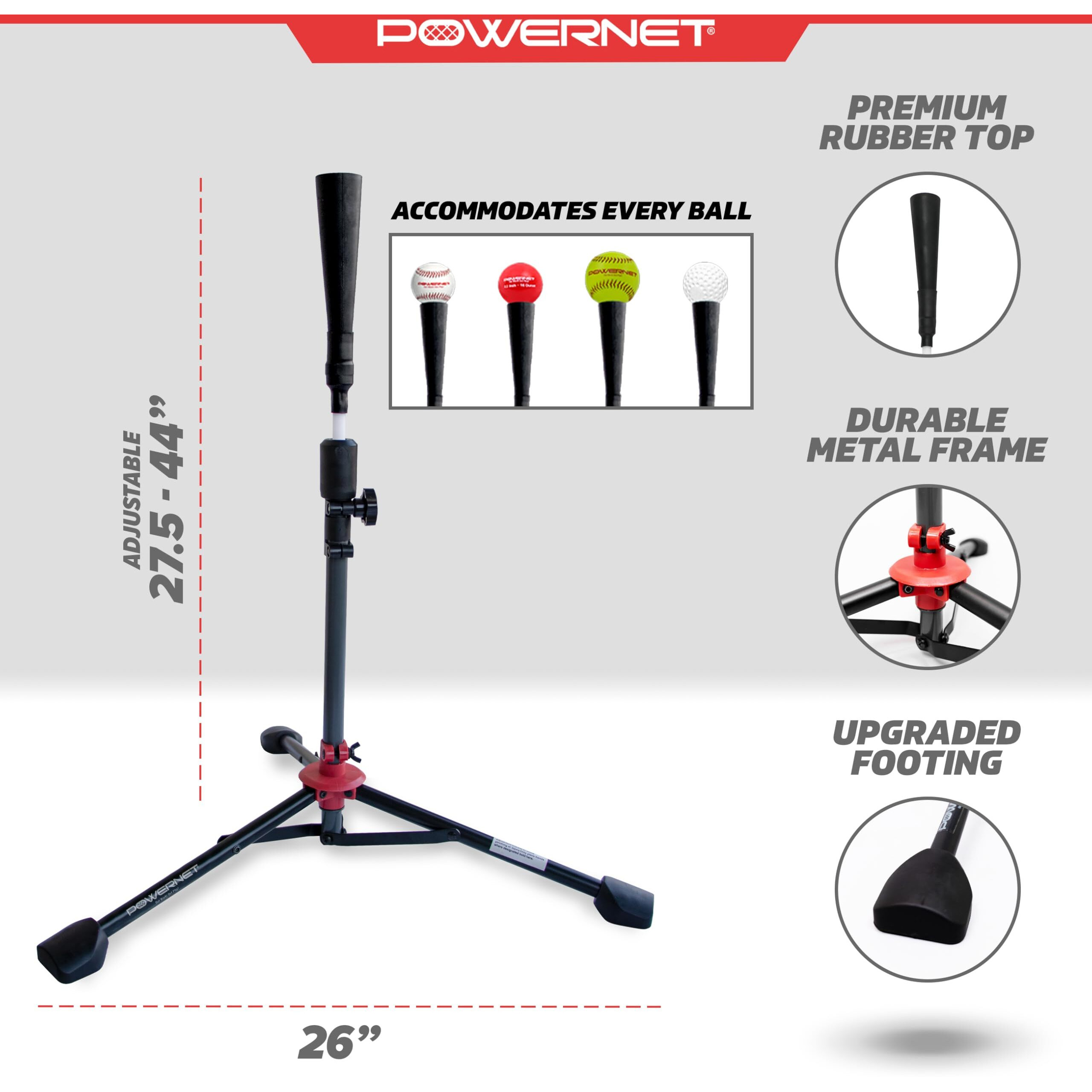 Powernet Corbin Carroll Baseball Softball Batting Tee | Hitting Drill Coaching Aid | Adjustable Height 27.5"" - 44"" | Portable Collapsible | Rubber Top | Extra Wide Base (Deluxe Tee | 2.5 Pounds)