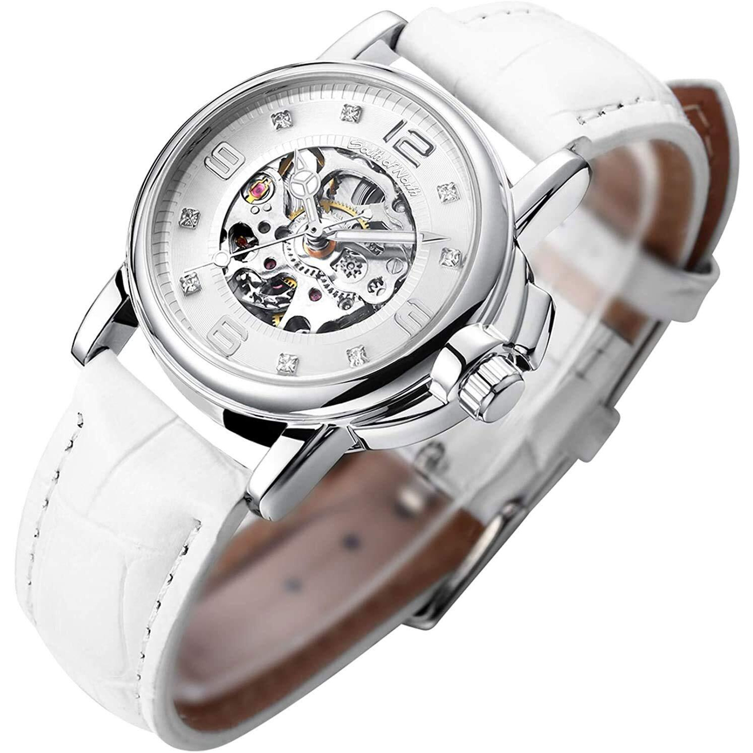 Gute Women's Watch Luxury Mechanical Stainless Steel Skeleton Steampunk Automatic Self Winding Pu Leather Wristwatch