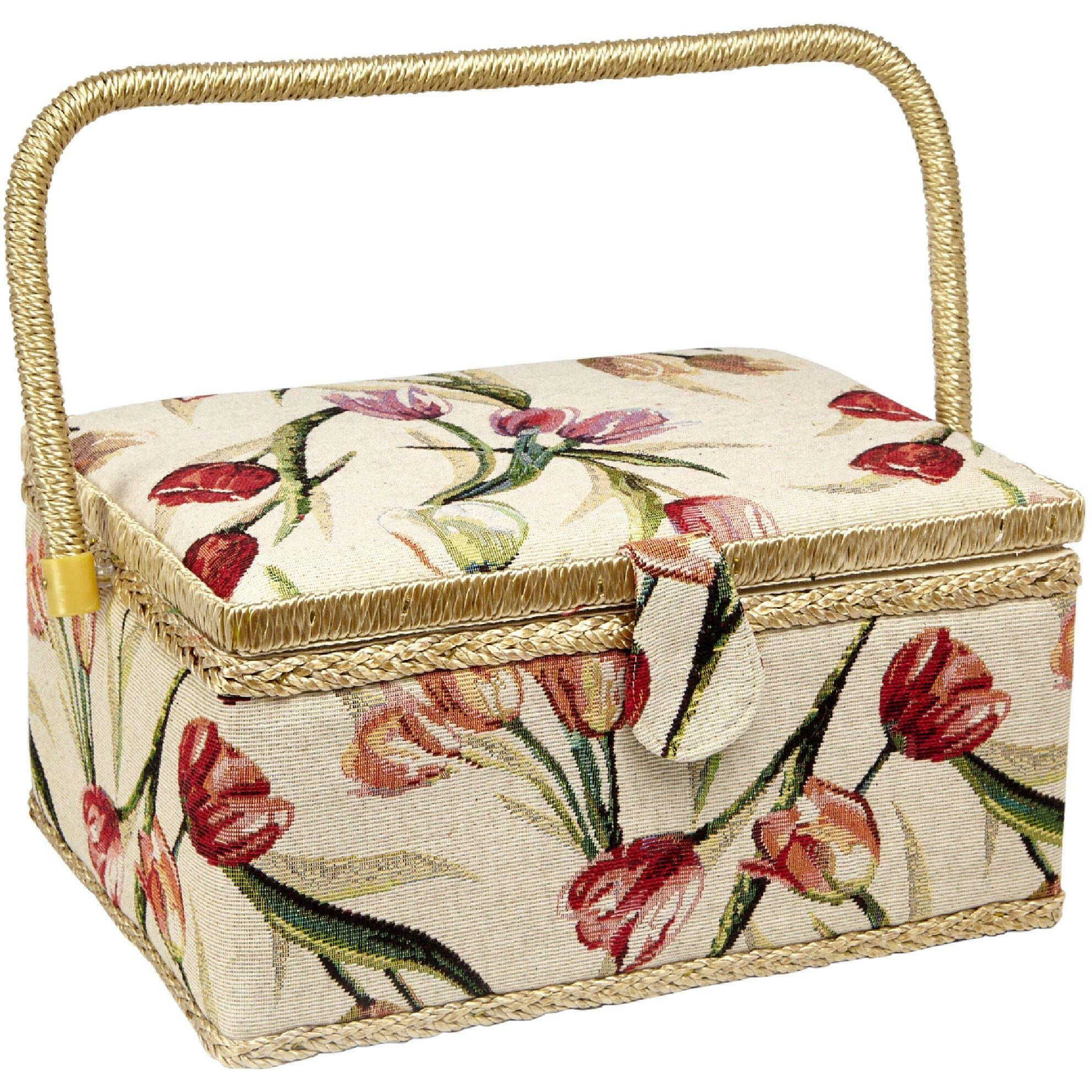 Sewing Basket With Tulip Floral Print Design- Sewing Kit Storage Box With Removable Tray, Built-In Pin Cushion And Interior Pocket - Large - 12"" X 9"" X 6"" - By Adolfo Design