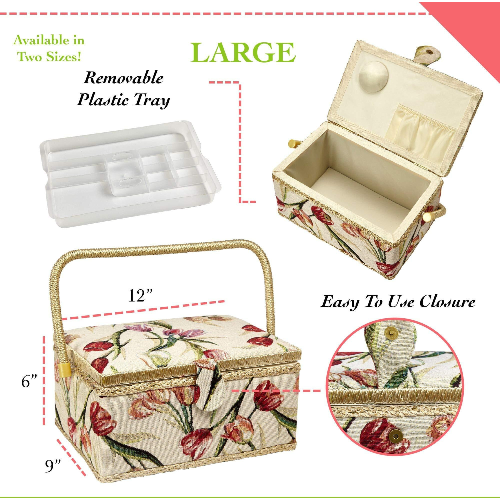 Sewing Basket With Tulip Floral Print Design- Sewing Kit Storage Box With Removable Tray, Built-In Pin Cushion And Interior Pocket - Large - 12"" X 9"" X 6"" - By Adolfo Design