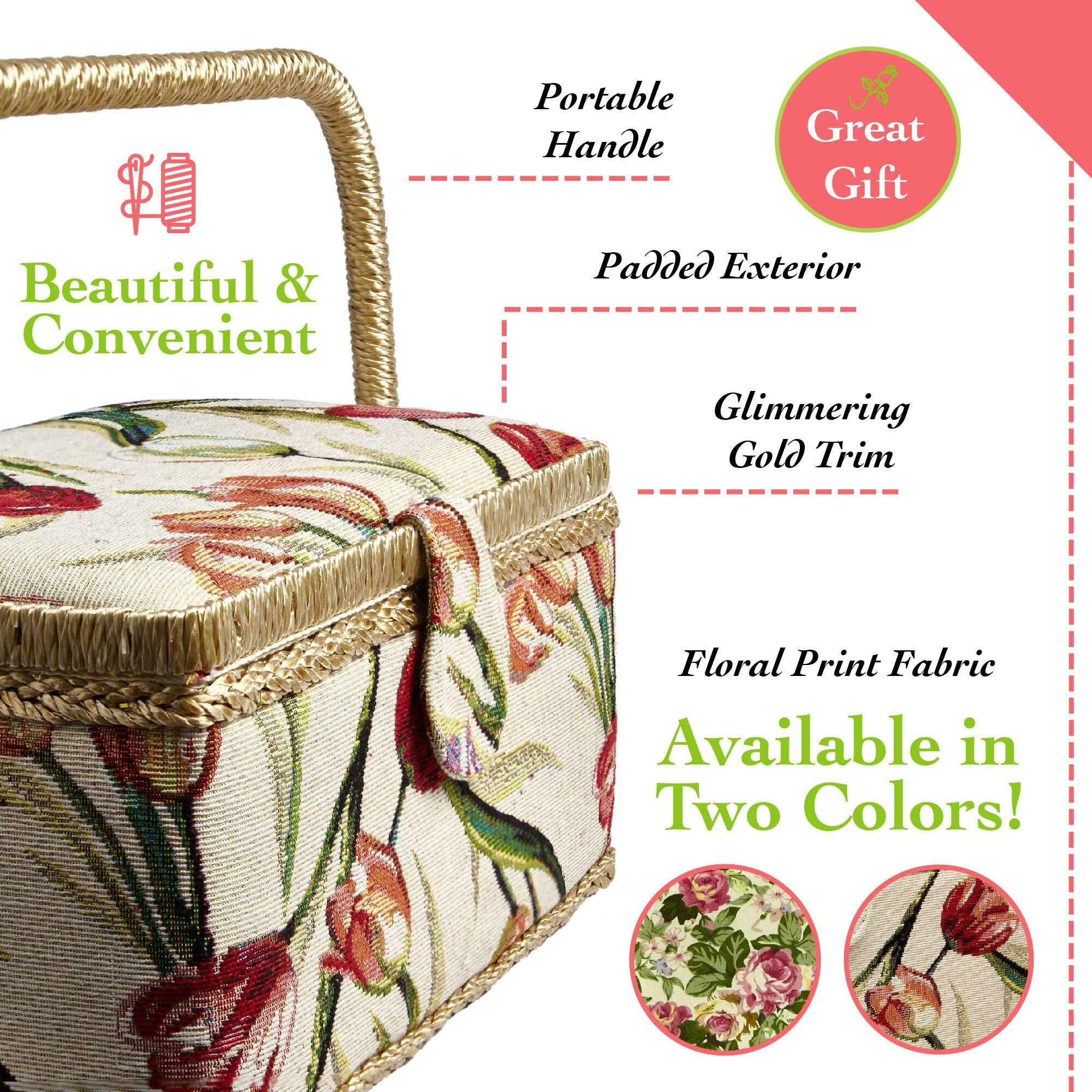Sewing Basket With Tulip Floral Print Design- Sewing Kit Storage Box With Removable Tray, Built-In Pin Cushion And Interior Pocket - Large - 12"" X 9"" X 6"" - By Adolfo Design