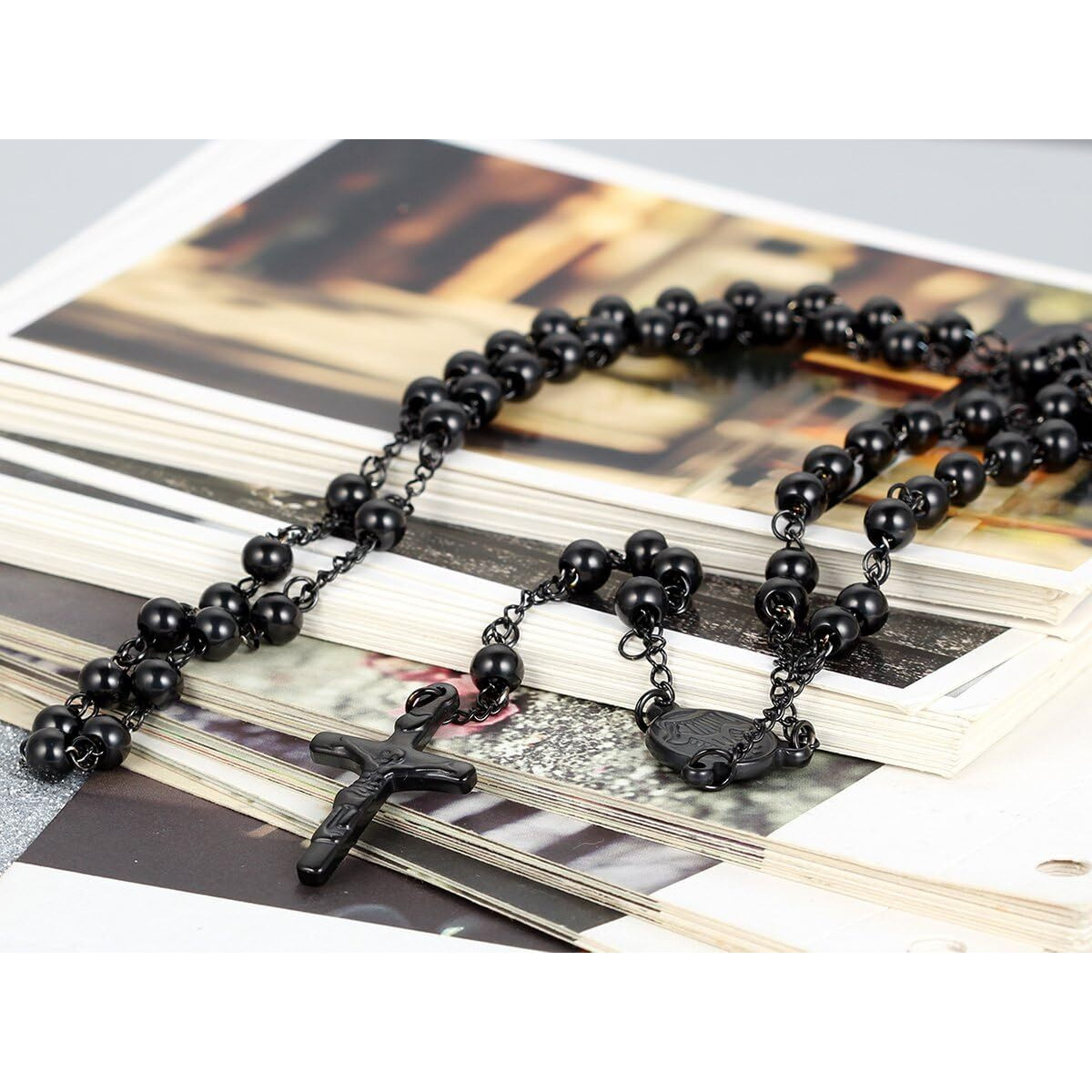 Flongo Men's Women's Vintage Stainless Steel 6Mm Beads Black Jesus Christ Crucifix Cross Rosary Pendant Necklace, 30 Inch Catholic Rosary Beads Pray Necklace