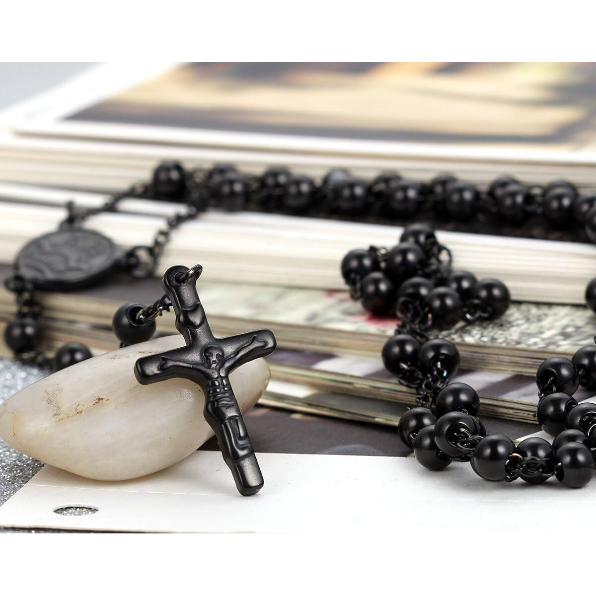 Flongo Men's Women's Vintage Stainless Steel 6Mm Beads Black Jesus Christ Crucifix Cross Rosary Pendant Necklace, 30 Inch Catholic Rosary Beads Pray Necklace