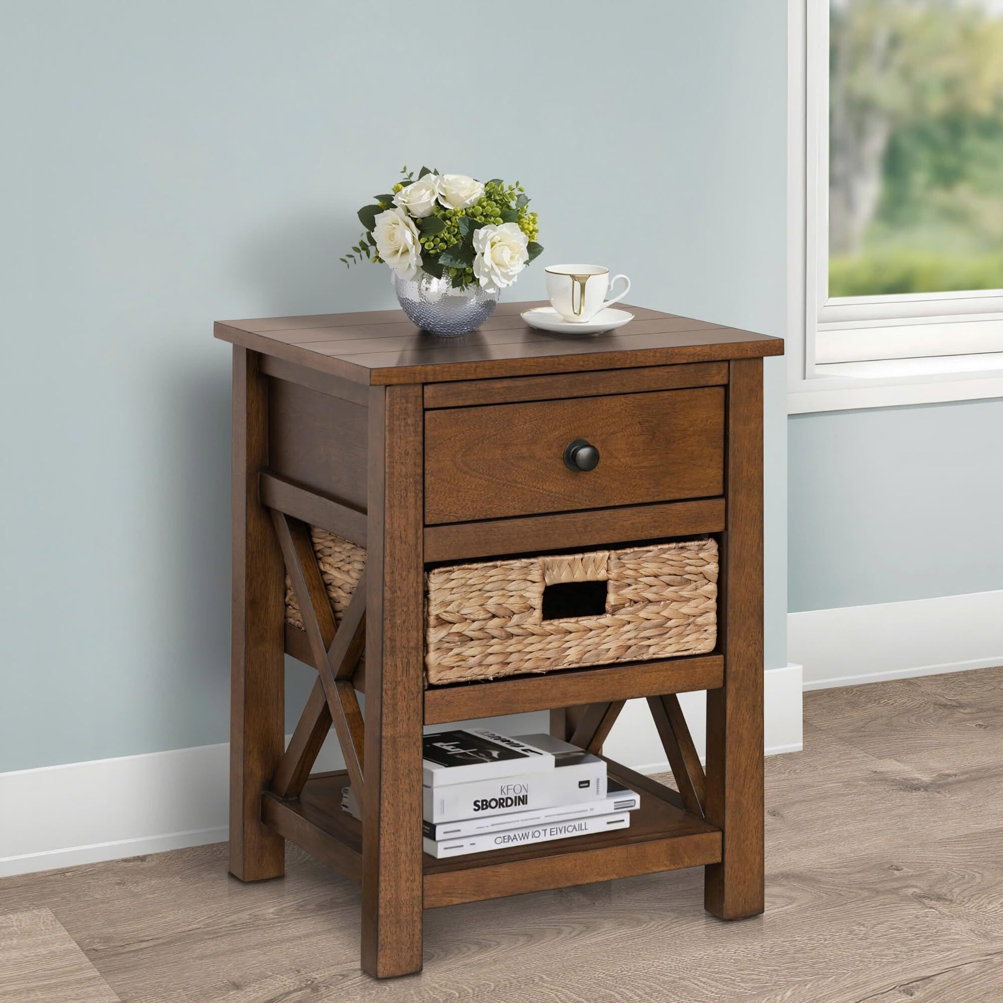 Ehemco X-Side Nightstand End Table Side Table With Drawer, 2 Storage Shelves And Wicker Basket, Coffee