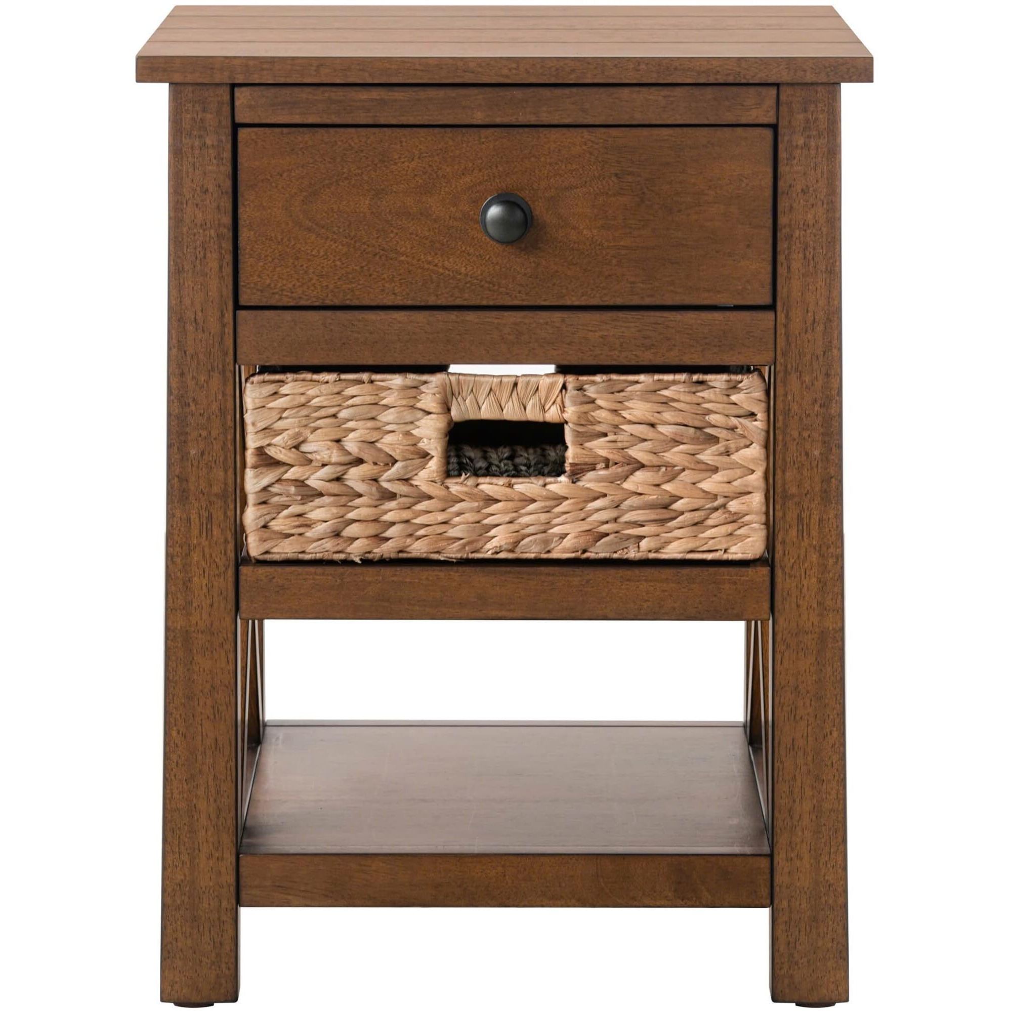Ehemco X-Side Nightstand End Table Side Table With Drawer, 2 Storage Shelves And Wicker Basket, Coffee