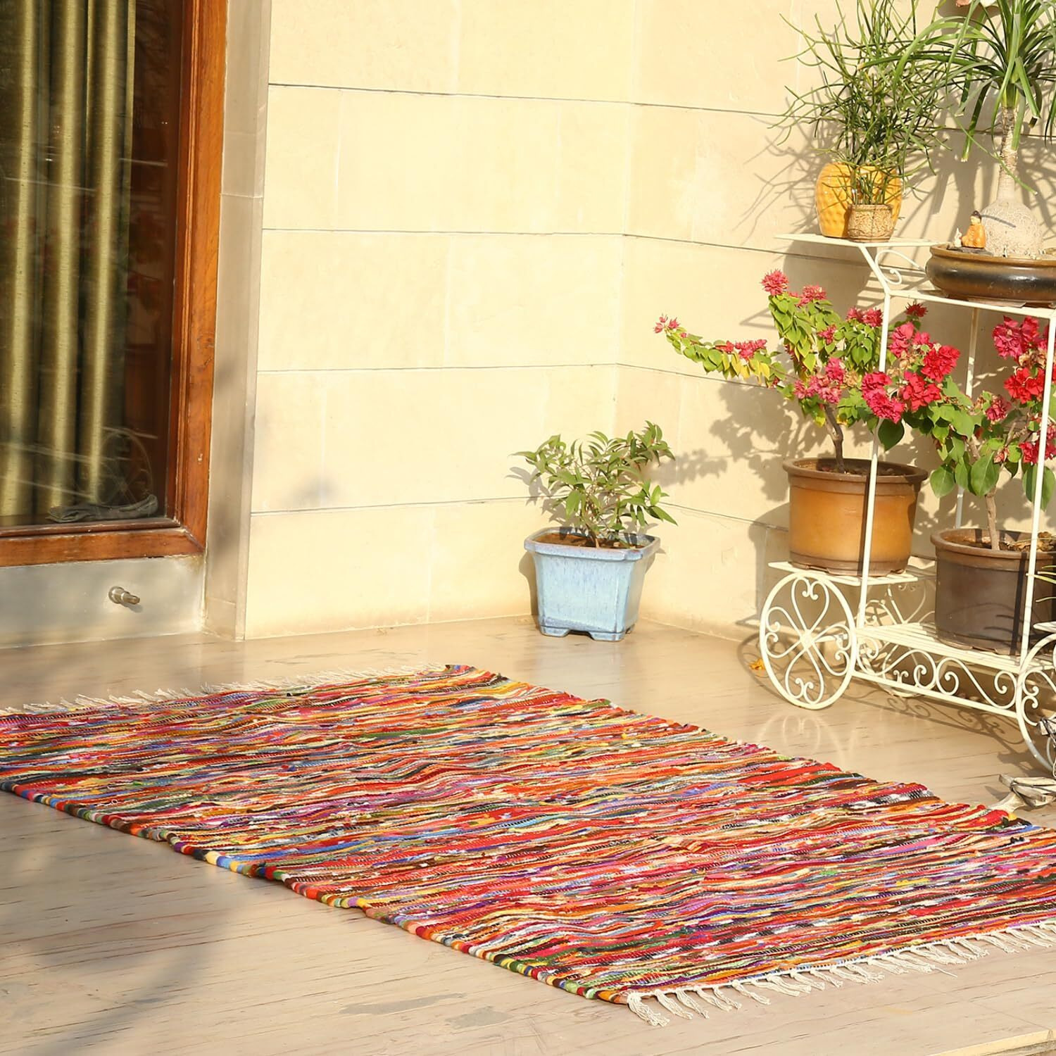 Rajrang Multicolor Bohemian Rug 5X7 Feet Boho Striped Recycled Cotton Chindi Area Rugs With Decorative Tassels