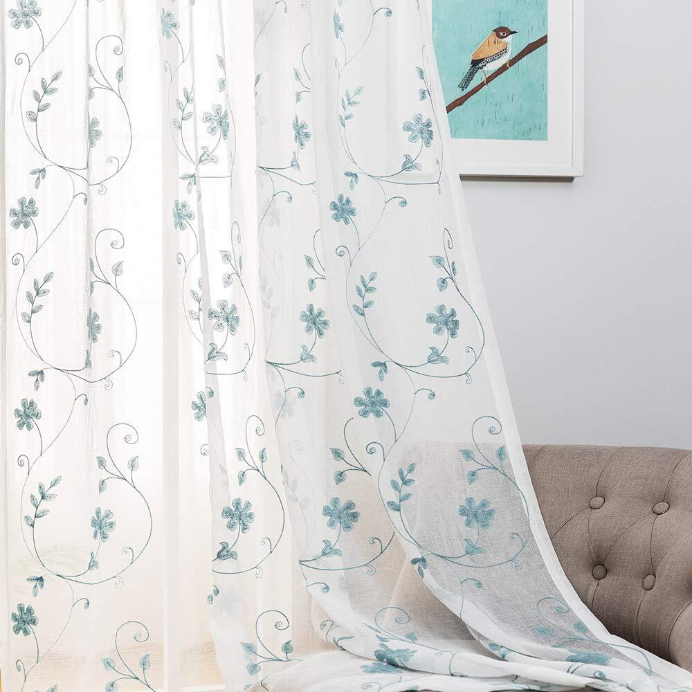 Floral Embroidery Sheer Curtains Blue 63 Inches, Rod Pocket Voile Drapes For Living Room, Bedroom, Window Treatments Semi Crinkle Curtain Panels For Yard, Patio, Villa, Parlor, Set Of 2, 52"&quotX 63"".