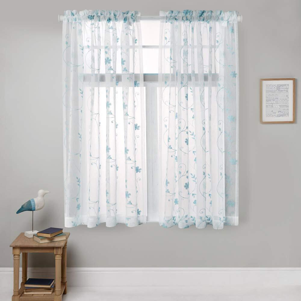Floral Embroidery Sheer Curtains Blue 63 Inches, Rod Pocket Voile Drapes For Living Room, Bedroom, Window Treatments Semi Crinkle Curtain Panels For Yard, Patio, Villa, Parlor, Set Of 2, 52"&quotX 63"".