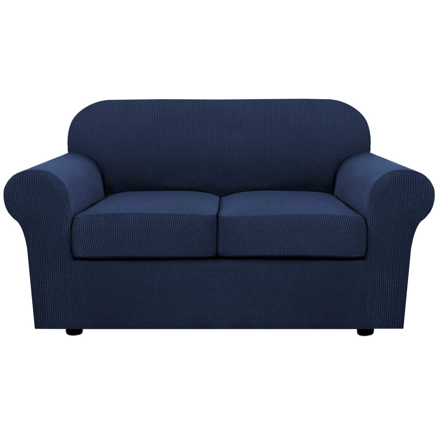 H.Versailtex 3 Piece Stretch Sofa Covers For 2 Cushion Loveseat Couch Covers For Living Room Sofa Slipcovers (Base Cover Plus 2 Seat Cushion Covers) Thicker Jacquard Fabric(Medium Sofa, Navy)