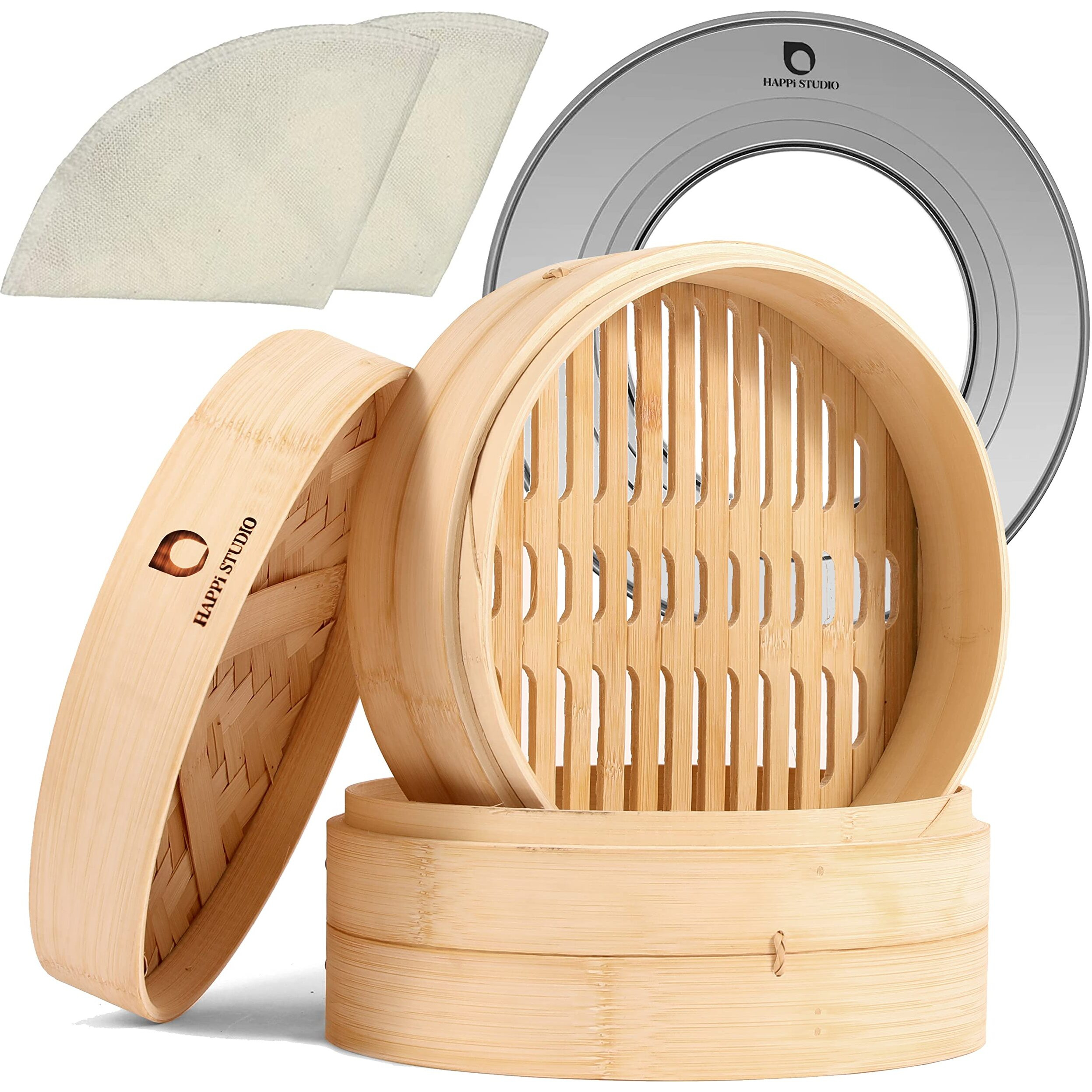 Bamboo Steamer Basket - 2-Tier Dumpling Steamer - Bamboo Steamer 10 Inch For Cooking Dim Sum, Momo, Rice - Chinese Steamer Basket - Steaming Basket - Steam Baskets - Bao Bun Steamer (Natural Bamboo, Steamer With Steamer Ring Set)