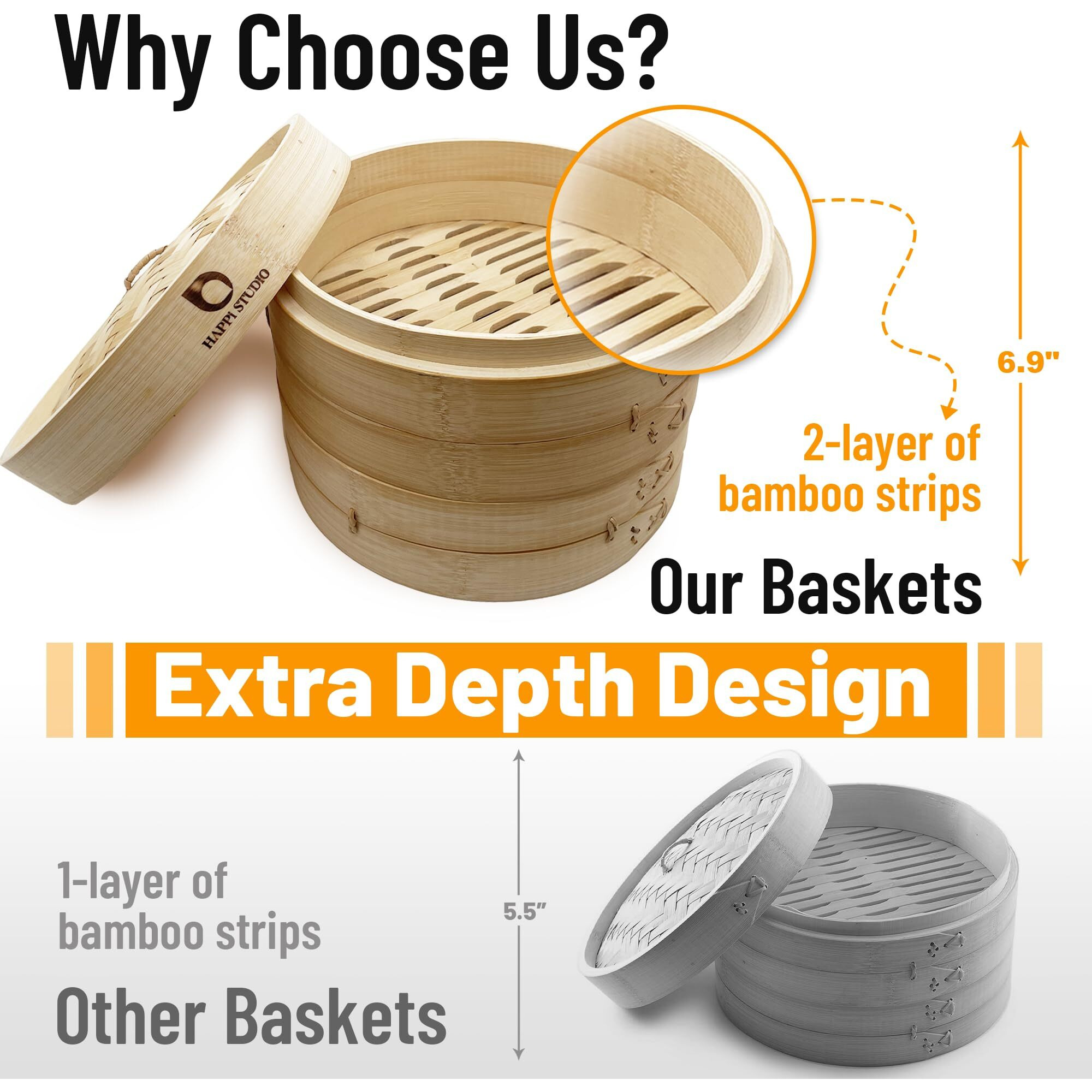 Bamboo Steamer Basket - 2-Tier Dumpling Steamer - Bamboo Steamer 10 Inch For Cooking Dim Sum, Momo, Rice - Chinese Steamer Basket - Steaming Basket - Steam Baskets - Bao Bun Steamer (Natural Bamboo, Steamer With Steamer Ring Set)