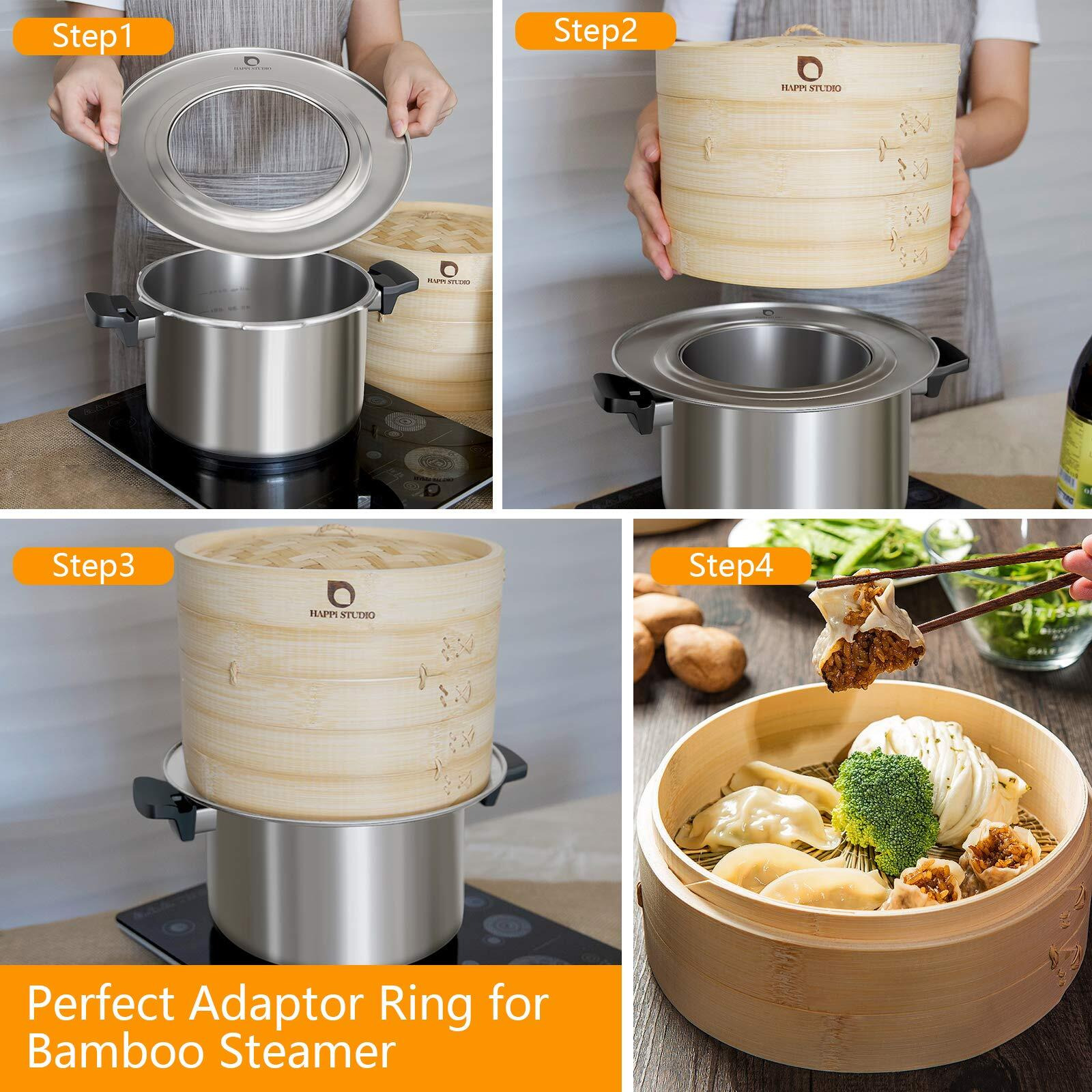 Bamboo Steamer Basket - 2-Tier Dumpling Steamer - Bamboo Steamer 10 Inch For Cooking Dim Sum, Momo, Rice - Chinese Steamer Basket - Steaming Basket - Steam Baskets - Bao Bun Steamer (Natural Bamboo, Steamer With Steamer Ring Set)