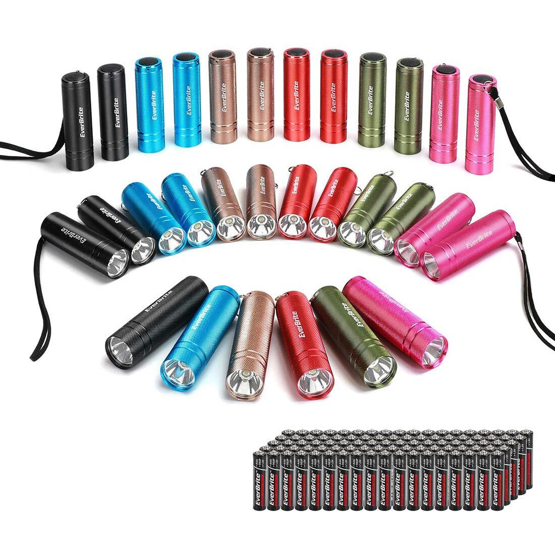 Everbrite 30-Pack Mini Flashlight Set, Aluminum Led Handheld Torches With Lanyard, Assorted Colors, Batteries Included For Party Favors, Night Reading, Camping, Power Outage, Gift To Christmas