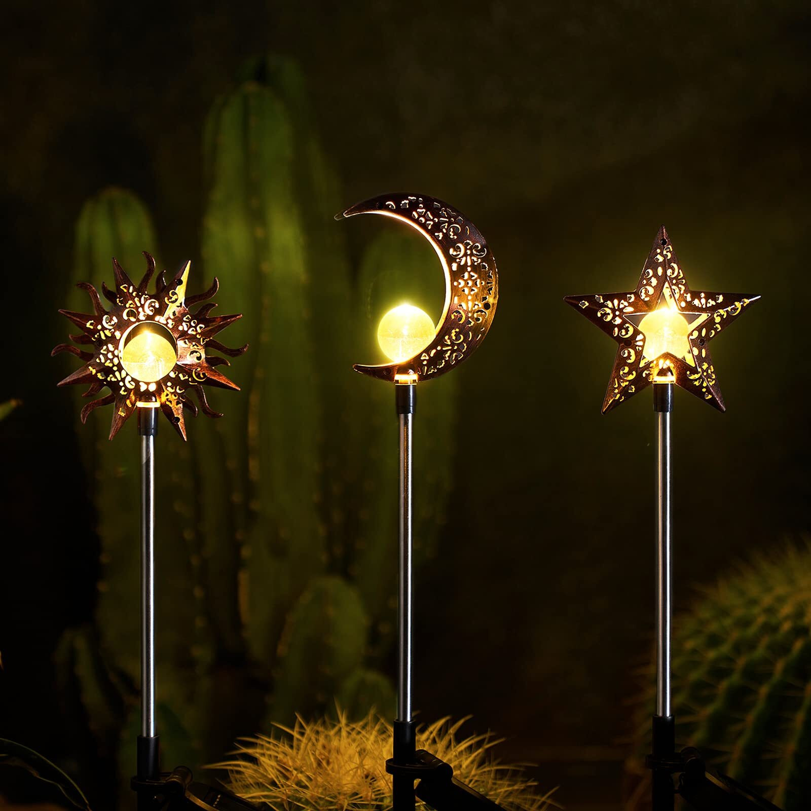 Tryme Solar Lights Outdoor Garden Decorations Sun Moon Star Stake Light Decorative Waterproof Warm White Led Yard Decor For Pathway Lawn Patio Courtyard Backyard