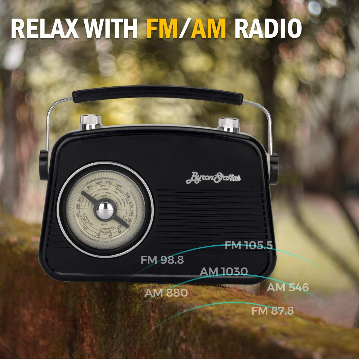 Byronstatics Black Am Fm Radio - Small Portable Radios Vintage/Retro With Headphone Jack, Large Analog Rotary Tuning Dial - Power Plug Or 4 X 1.5V Aa Battery