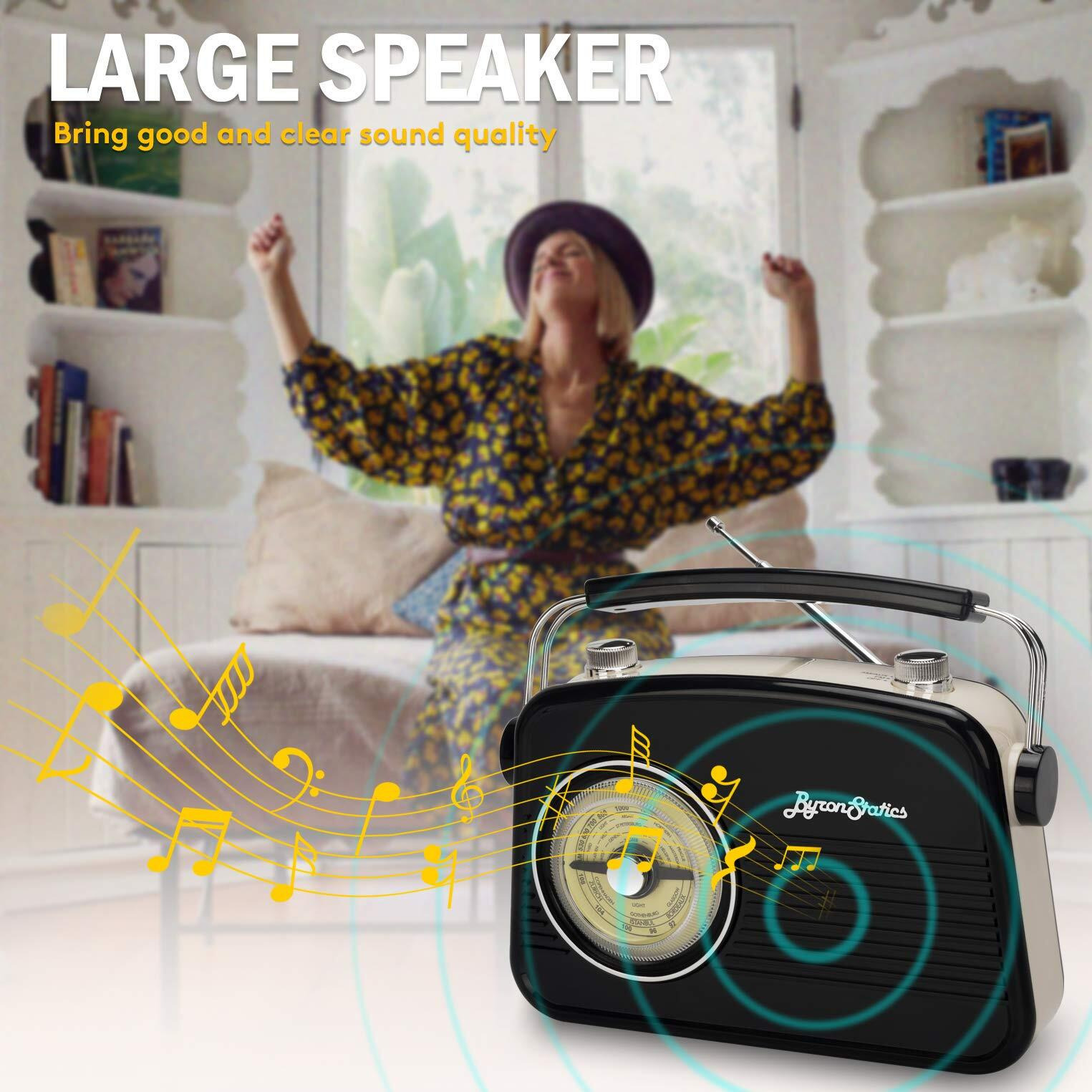 Byronstatics Black Am Fm Radio - Small Portable Radios Vintage/Retro With Headphone Jack, Large Analog Rotary Tuning Dial - Power Plug Or 4 X 1.5V Aa Battery
