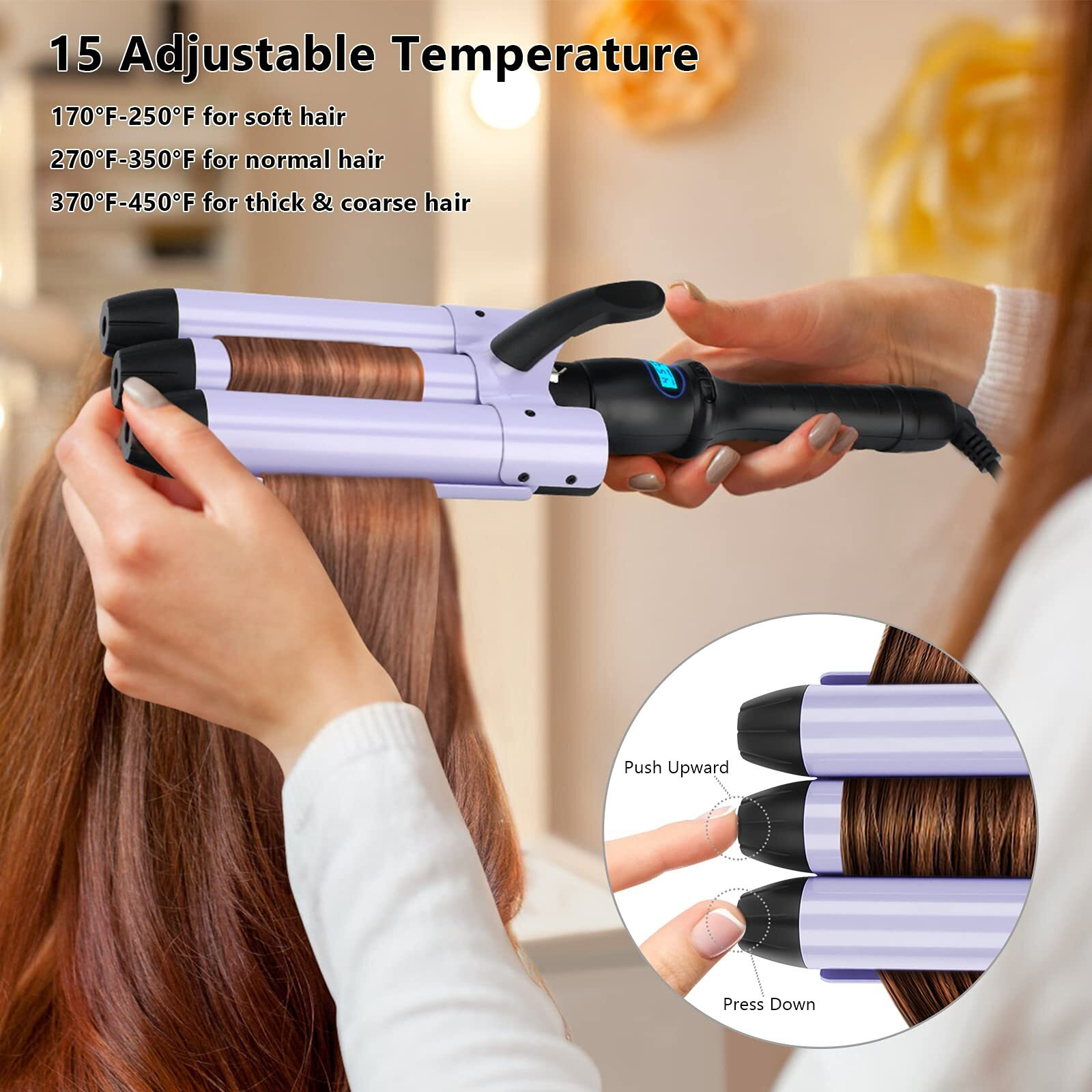 32Mm (1.25"") Mermaid Beach Waves Curling Iron, Aima Beauty Big Hair Waver 3 Barrel Iron With Adjustable Temperature, Durable, Heats Up Quickly (Purple)