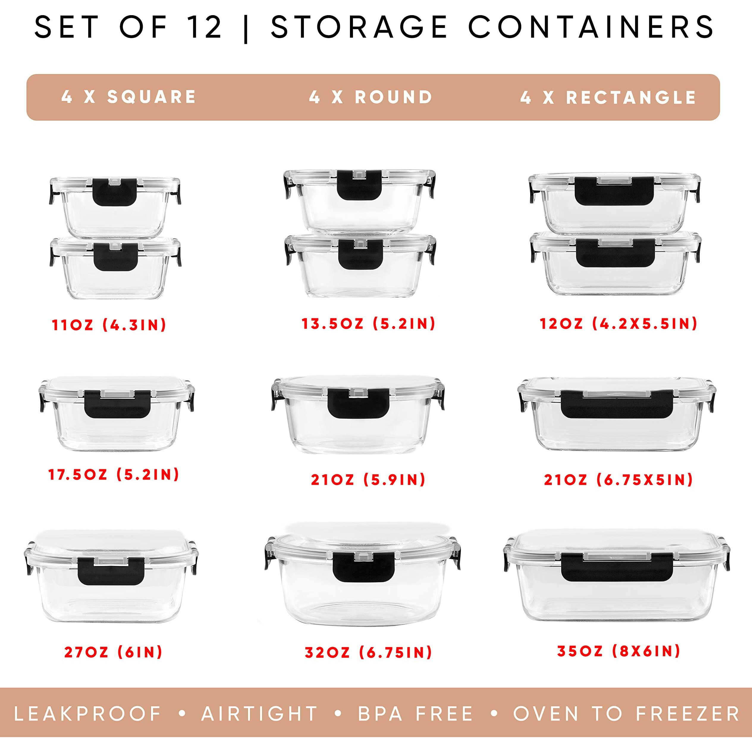 Joyjolt Joyful 24Pc(12 Airtight, Freezer Safe Food Storage Containers And 12 Lids), Pantry Kitchen Storage Containers, Glass Meal Prep Container For Lunch, Glass Storage Containers With Lids