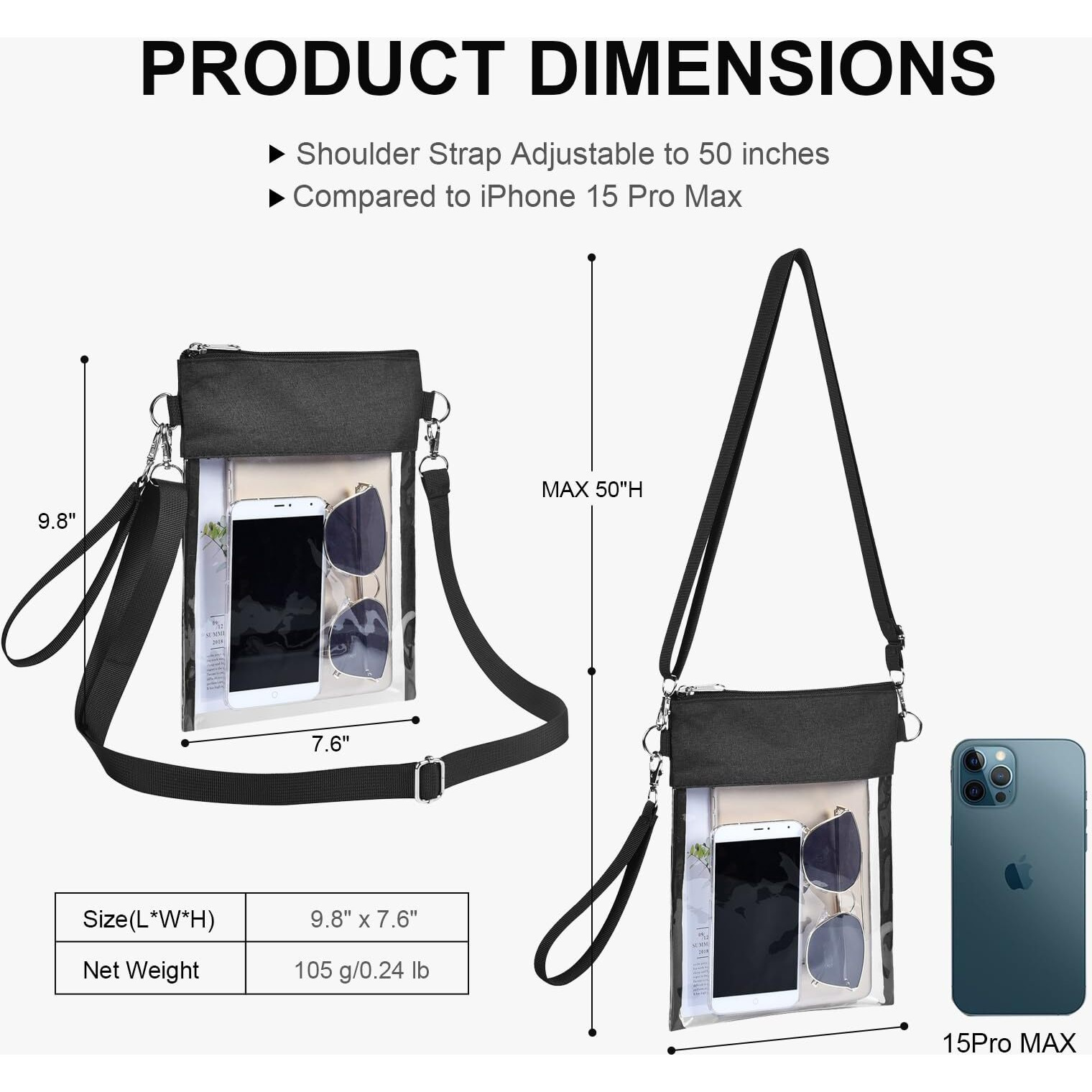 Uspeclare Clear Crossbody Purse Bag Stadium Approved Clear Tote Bag For Work Concert Sports(Clear Black)
