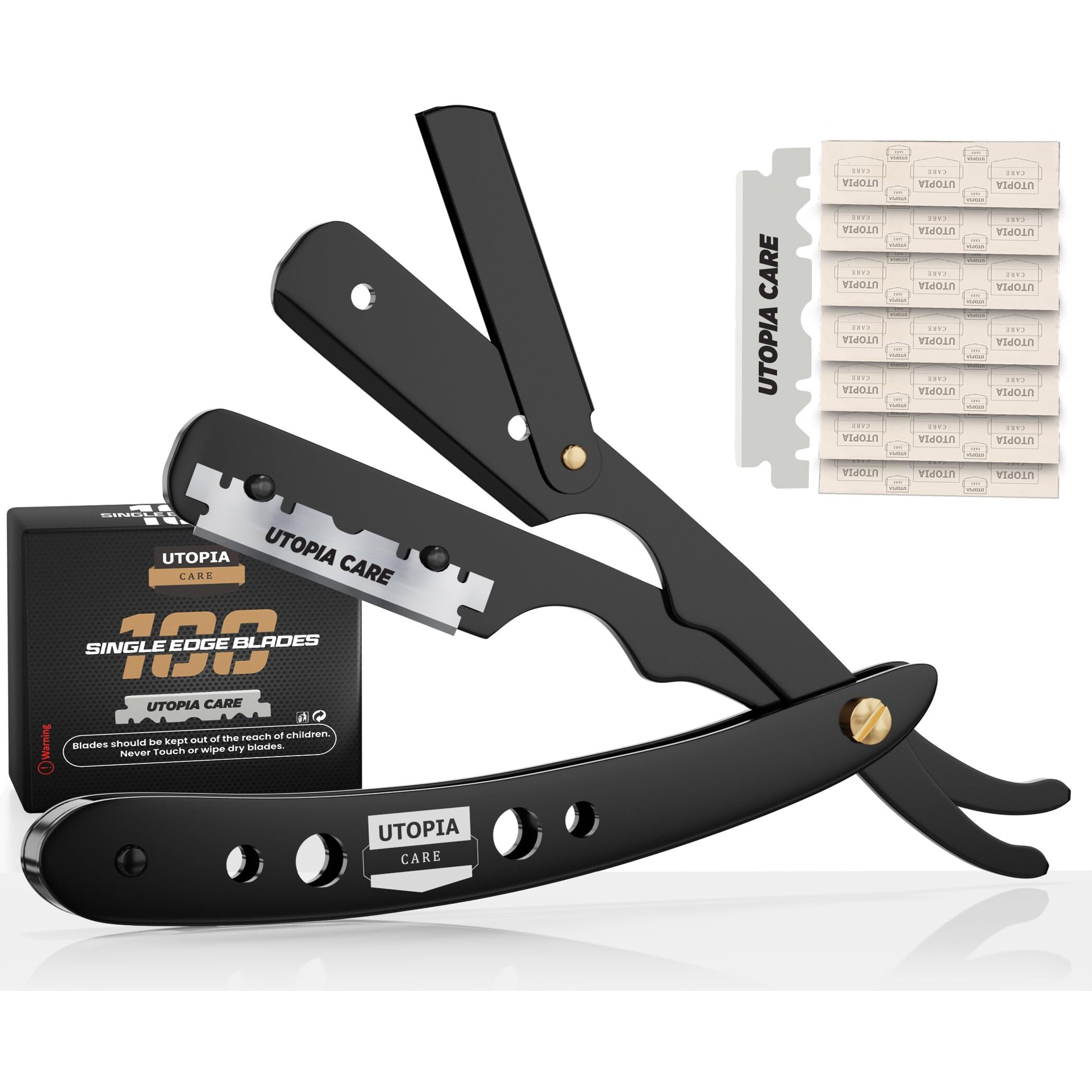 Utopia Care Professional Barber Straight Edge Razor Safety With 100-Pack Blades - 100 Percent Stainless Steel (Black)