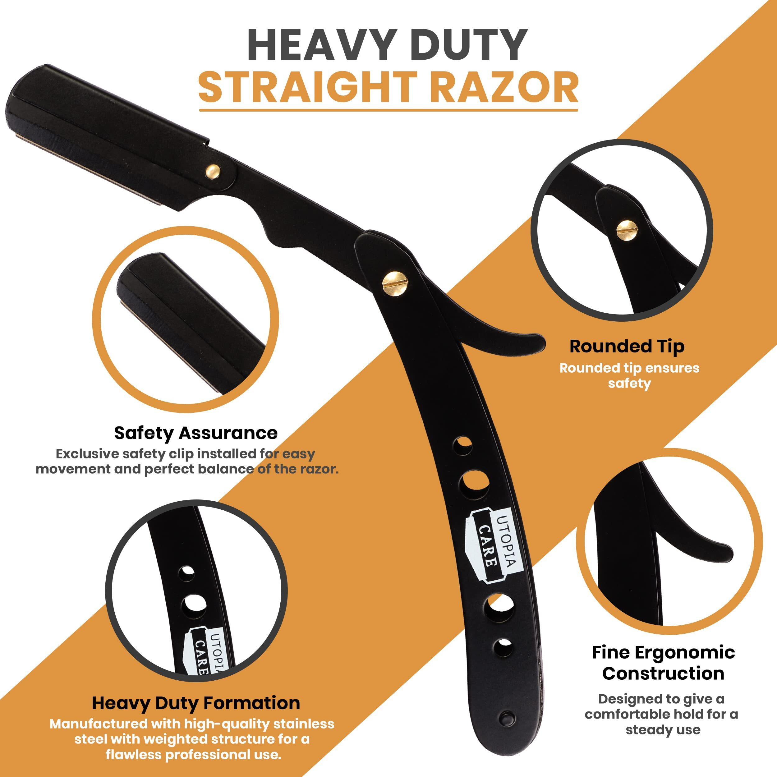 Utopia Care Professional Barber Straight Edge Razor Safety With 100-Pack Blades - 100 Percent Stainless Steel (Black)