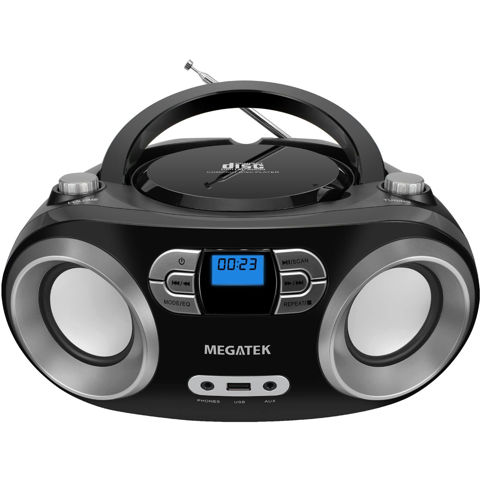Megatek Portable Cd Player Boombox With Fm Radio, Bluetooth, And Usb Port | Clear Stereo Sound | Cd-R/Rw And Mp3 Cds Compatible | 3.5Mm Aux Input And Headphone Jack | Backlit Lcd Display - Black