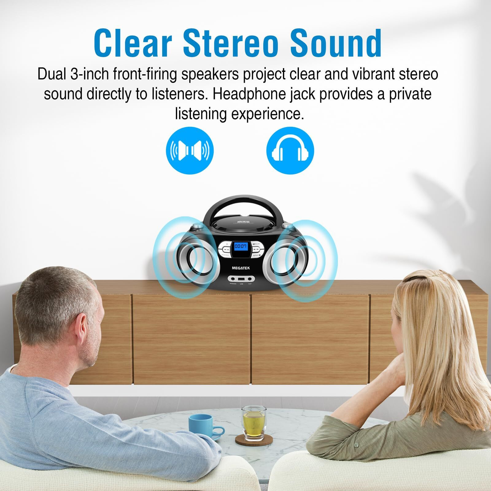 Megatek Portable Cd Player Boombox With Fm Radio, Bluetooth, And Usb Port | Clear Stereo Sound | Cd-R/Rw And Mp3 Cds Compatible | 3.5Mm Aux Input And Headphone Jack | Backlit Lcd Display - Black