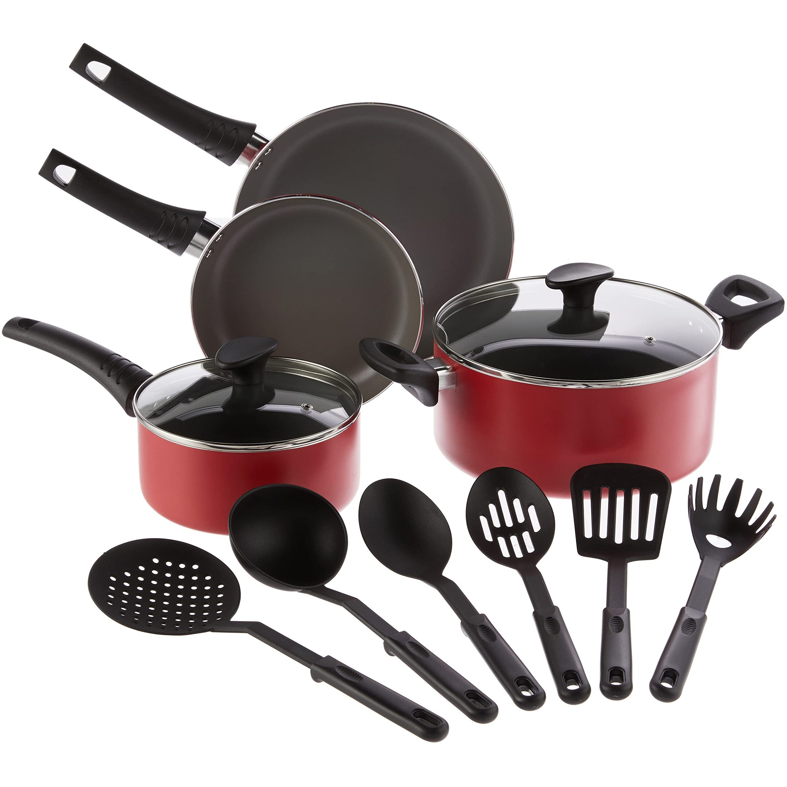 Bella Cookware Set, 12 Piece Pots And Pans With Utensils, Nonstick Scratch Resistant Cooking Surface Compatible With All Stoves, Nylon And Aluminum, Red
