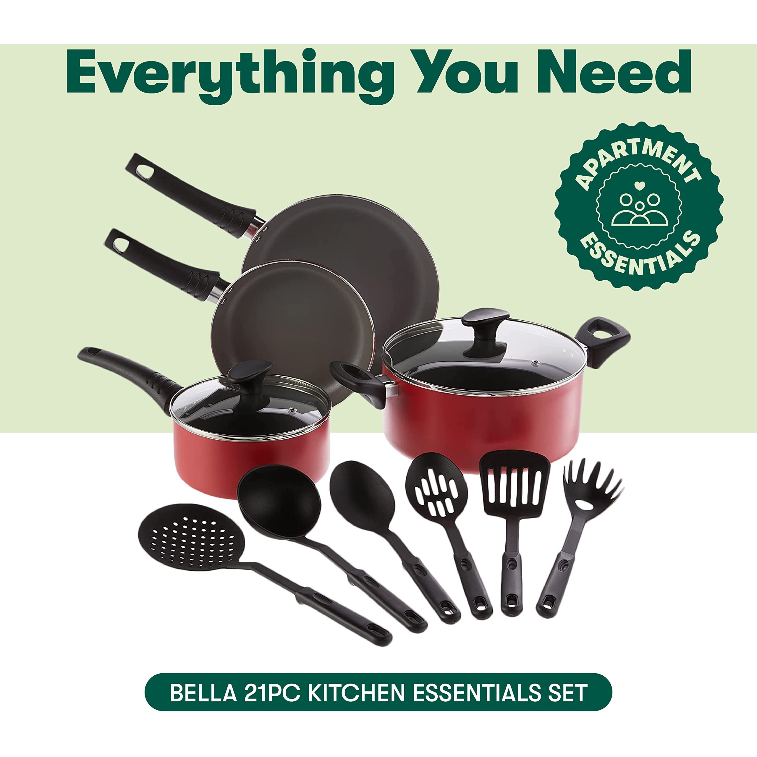Bella Cookware Set, 12 Piece Pots And Pans With Utensils, Nonstick Scratch Resistant Cooking Surface Compatible With All Stoves, Nylon And Aluminum, Red