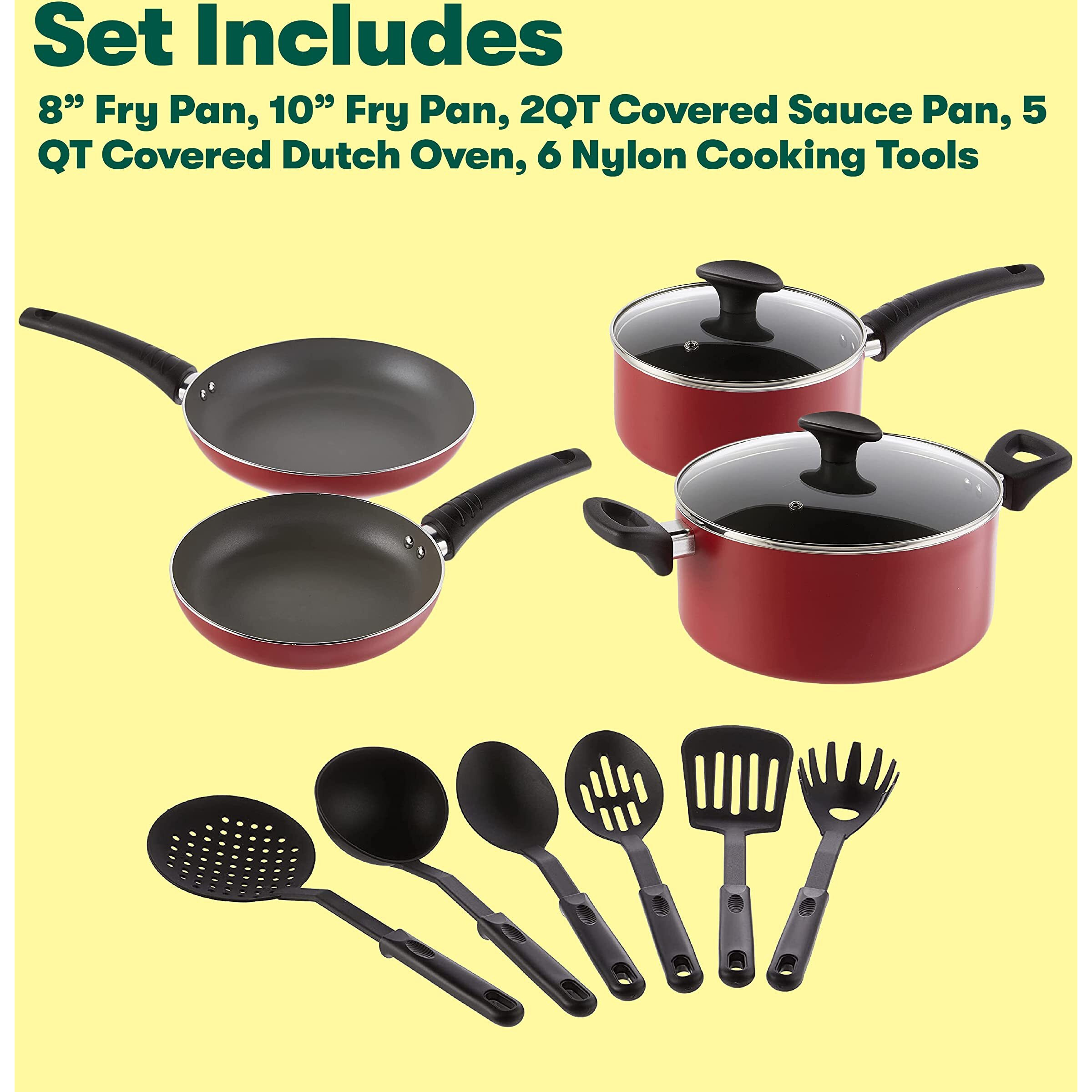 Bella Cookware Set, 12 Piece Pots And Pans With Utensils, Nonstick Scratch Resistant Cooking Surface Compatible With All Stoves, Nylon And Aluminum, Red