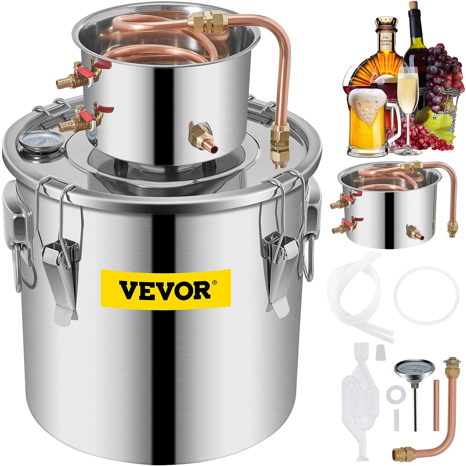 Vevor Alcohol Still 9.6Gal/38L Alcohol Distiller Stainless Steel Distillery Kit For Alcohol With Copper Tube & Pump Home Brewing Kit Build-In Thermometer For Diy Whisky Wine Brandy