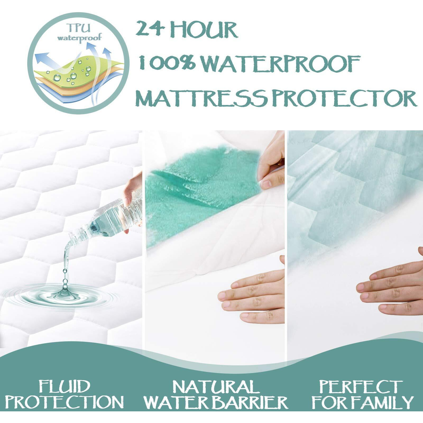 King Quilted Waterproof Mattress Pad Cover,Soft Mattress Pad Cover, Waterproof Mattress Protector Stretches Up To 16    Deep Pocket-Hollow Alternative Filling-Cooling Mattress Topper