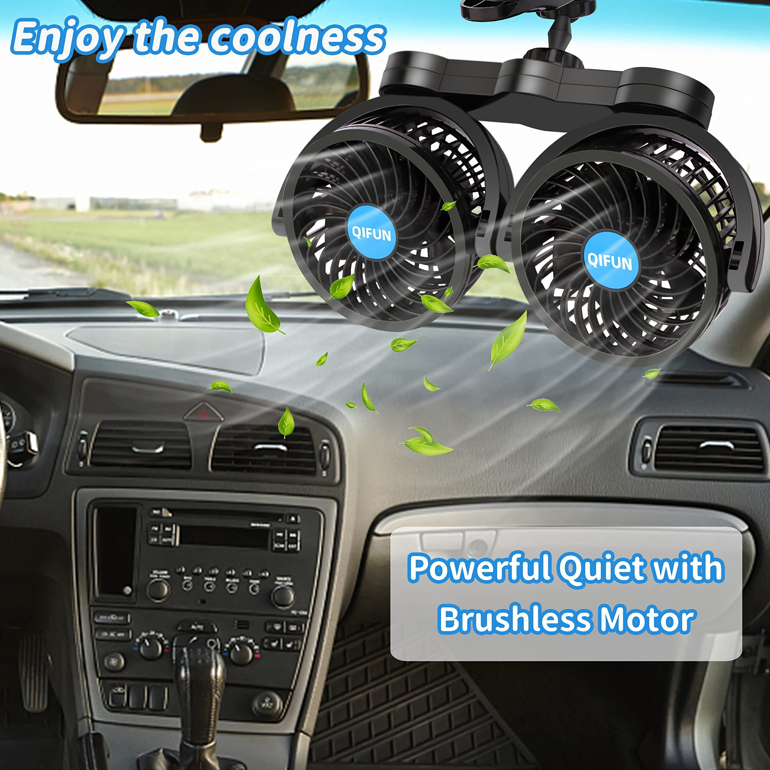 Qifun Car Fan Adjustable Dual Head 12V Fan, 4 Inches Car Clip Fan For Front/Rear Seat Passenger, 360 Rotatable Car Essentials Car Cooler Fan With Stepless Speed Regulation For Car/Vehicle Suv, Rv
