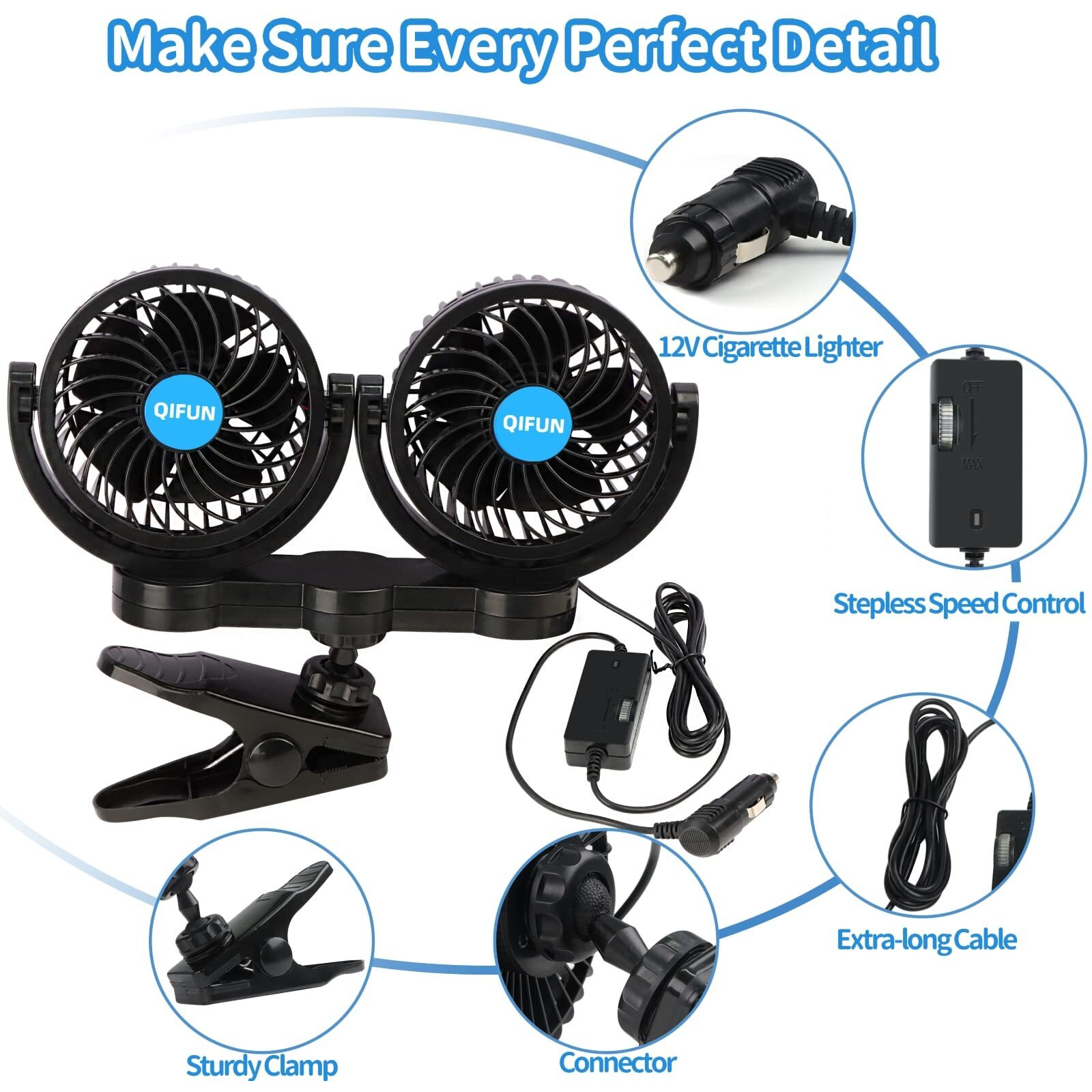 Qifun Car Fan Adjustable Dual Head 12V Fan, 4 Inches Car Clip Fan For Front/Rear Seat Passenger, 360 Rotatable Car Essentials Car Cooler Fan With Stepless Speed Regulation For Car/Vehicle Suv, Rv