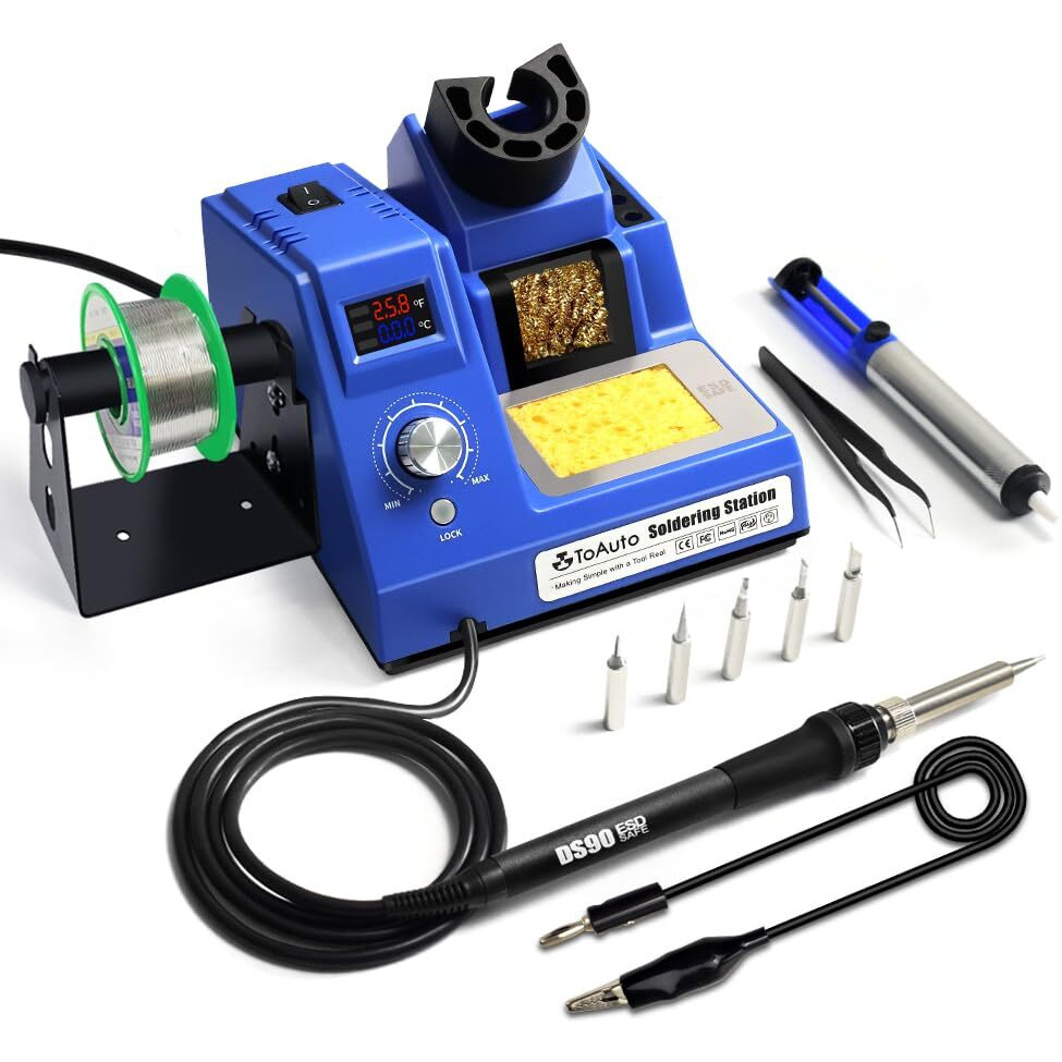 Toauto Ds90 Soldering Station-F & C Dual Digital Display Soldering Iron Station Kit,90W Soldering Iron,302- 842 Temperature, Anti-Static & Grounding Wire, Auto Standby & Sleep,5 Solder Tips, Blue