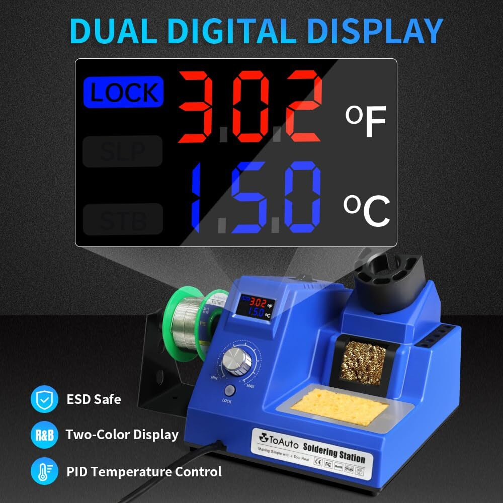 Toauto Ds90 Soldering Station-F & C Dual Digital Display Soldering Iron Station Kit,90W Soldering Iron,302- 842 Temperature, Anti-Static & Grounding Wire, Auto Standby & Sleep,5 Solder Tips, Blue