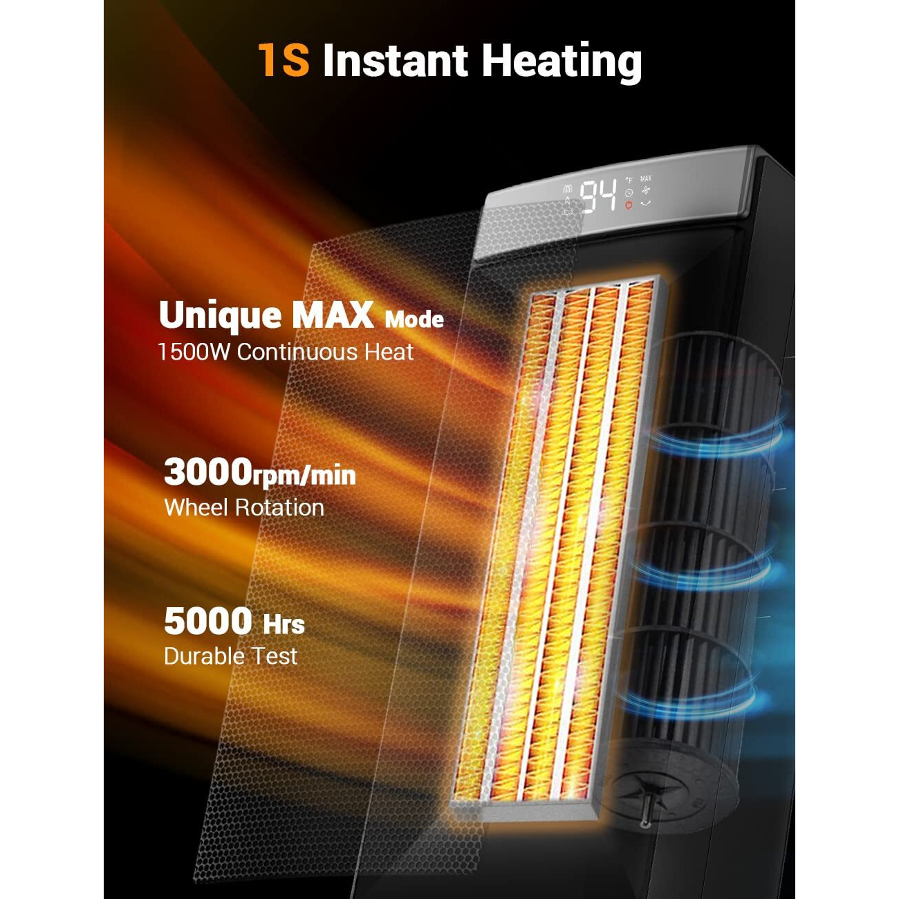 Sunnote Space Heater For Indoor Use, 1500W Fast Heating, Electric & Portable Ceramic Heaters With Thermostat, 5 Modes, 24Hrs Timer, 80Oscillating Room Heater With Remote, Safe For Office Bedroom Use