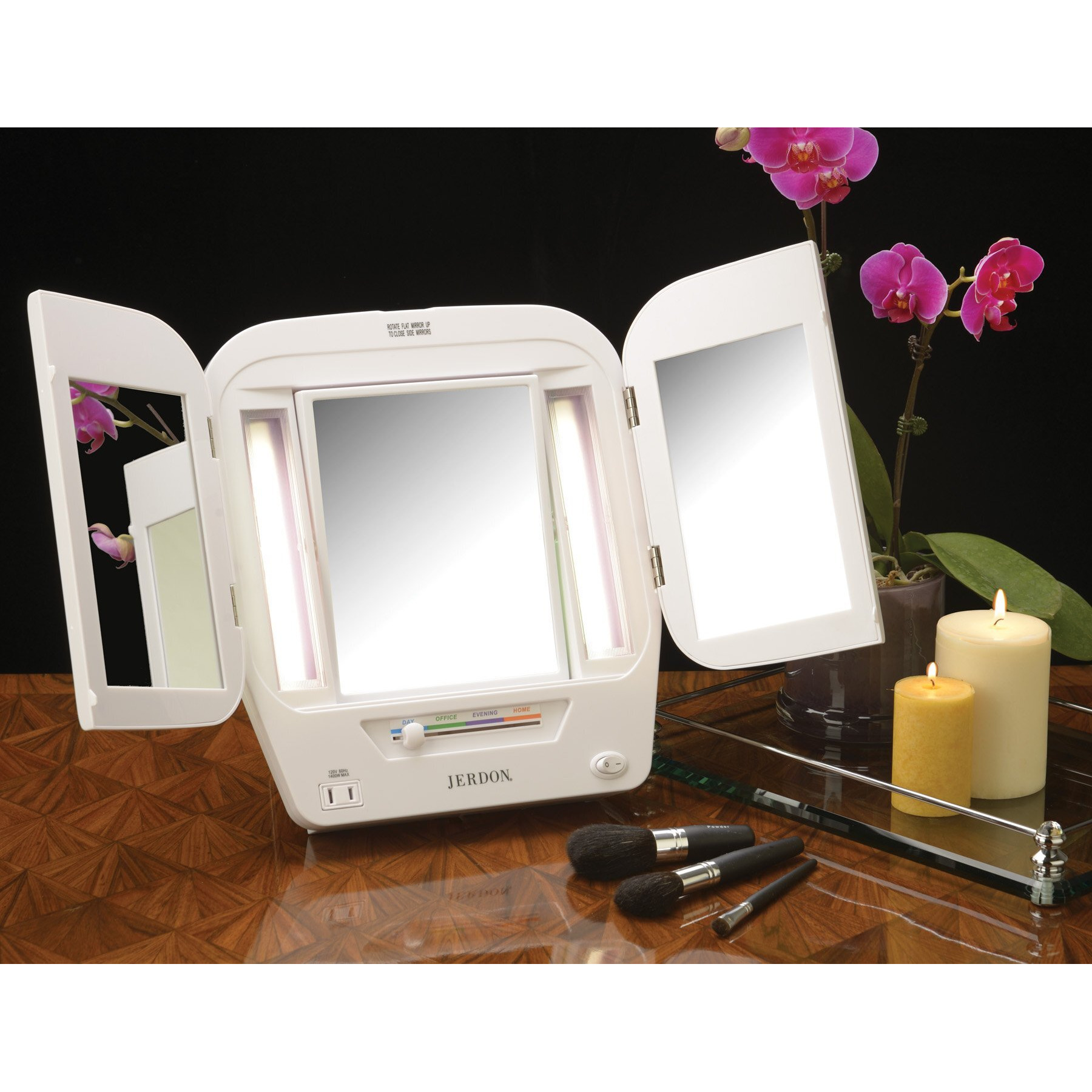 Jerdon Modern Tri-Fold Makeup Mirror With Lights - Vanity Mirror With 5X Magnification & Multiple Light Settings - White Base - Model Jgl10W