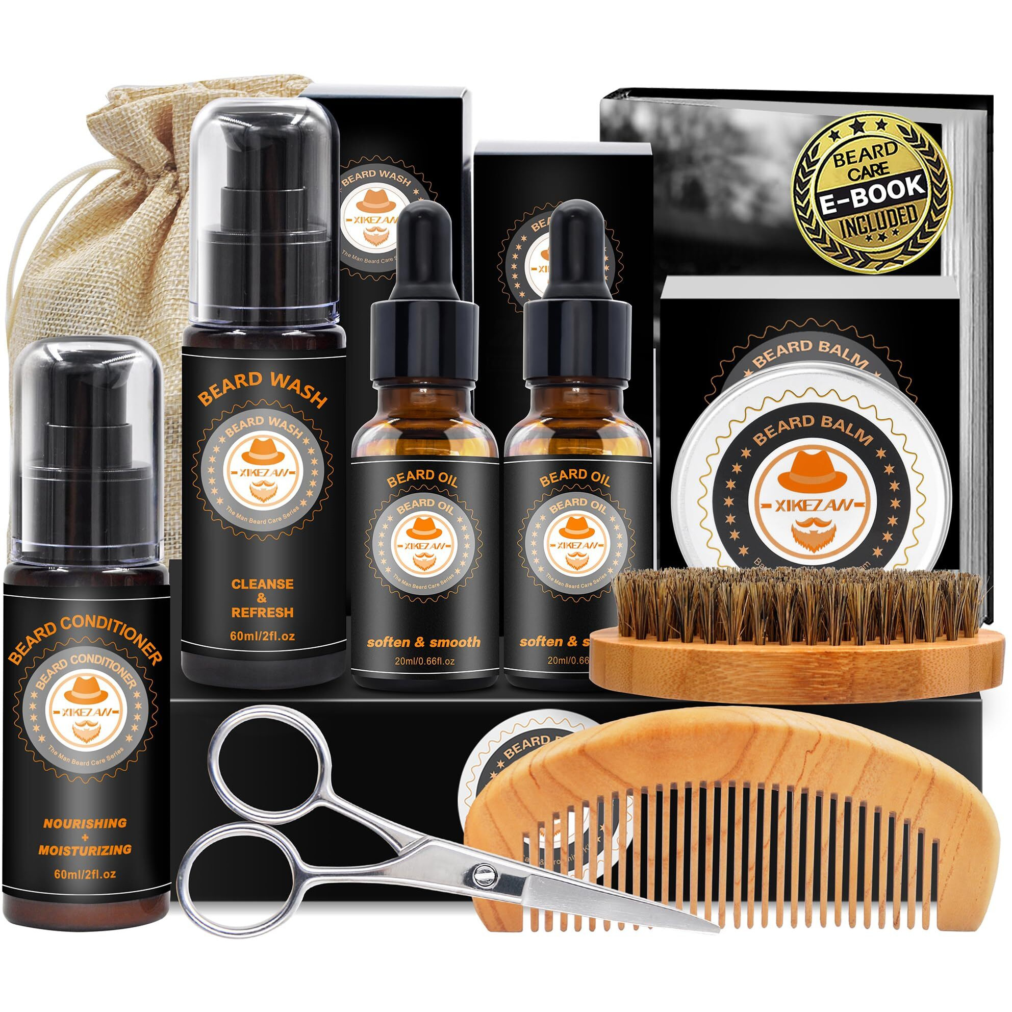 Upgraded Beard Grooming Kit W/Beard Conditioner,Beard Oil,Beard Balm,Beard Brush,Beard Wash,Beard Comb,Beard Scissor,Bag,E-Book,Beard Care Daddy Gifts For Men Him Dad Husband Boyfriend