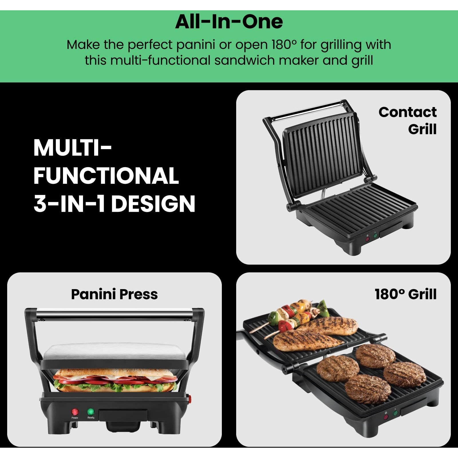 Chefman Panini Press Grill And Gourmet Sandwich Maker Non-Stick Coated Plates, Opens 180 Degrees To Fit Any Type Or Size Of Food, Stainless Steel Surface And Removable Drip Tray, 4 Slice, Black