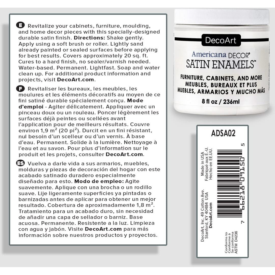 Decoart Satin Enamels Acrylic Paint, 8 Fl. Oz. Jar, Pure White (Pack Of 1)
