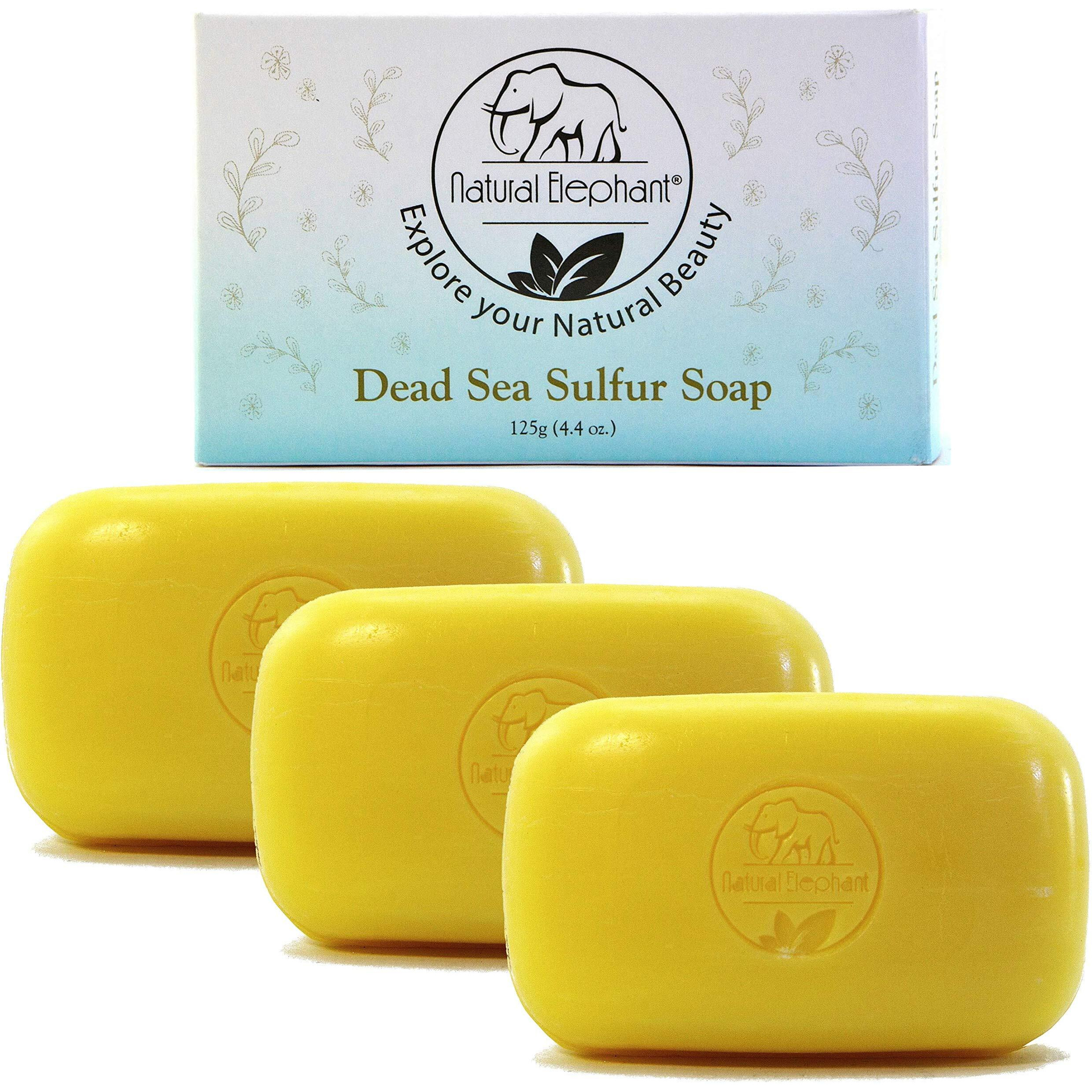 Natural Elephant Dead Sea Sulfur Soap 4.4 Oz With Dead Sea Salt, Aloe Vera, Sulphur Face And Body Cleanser Bar For All Skin Types (3 Pack (13.2 Oz Total))