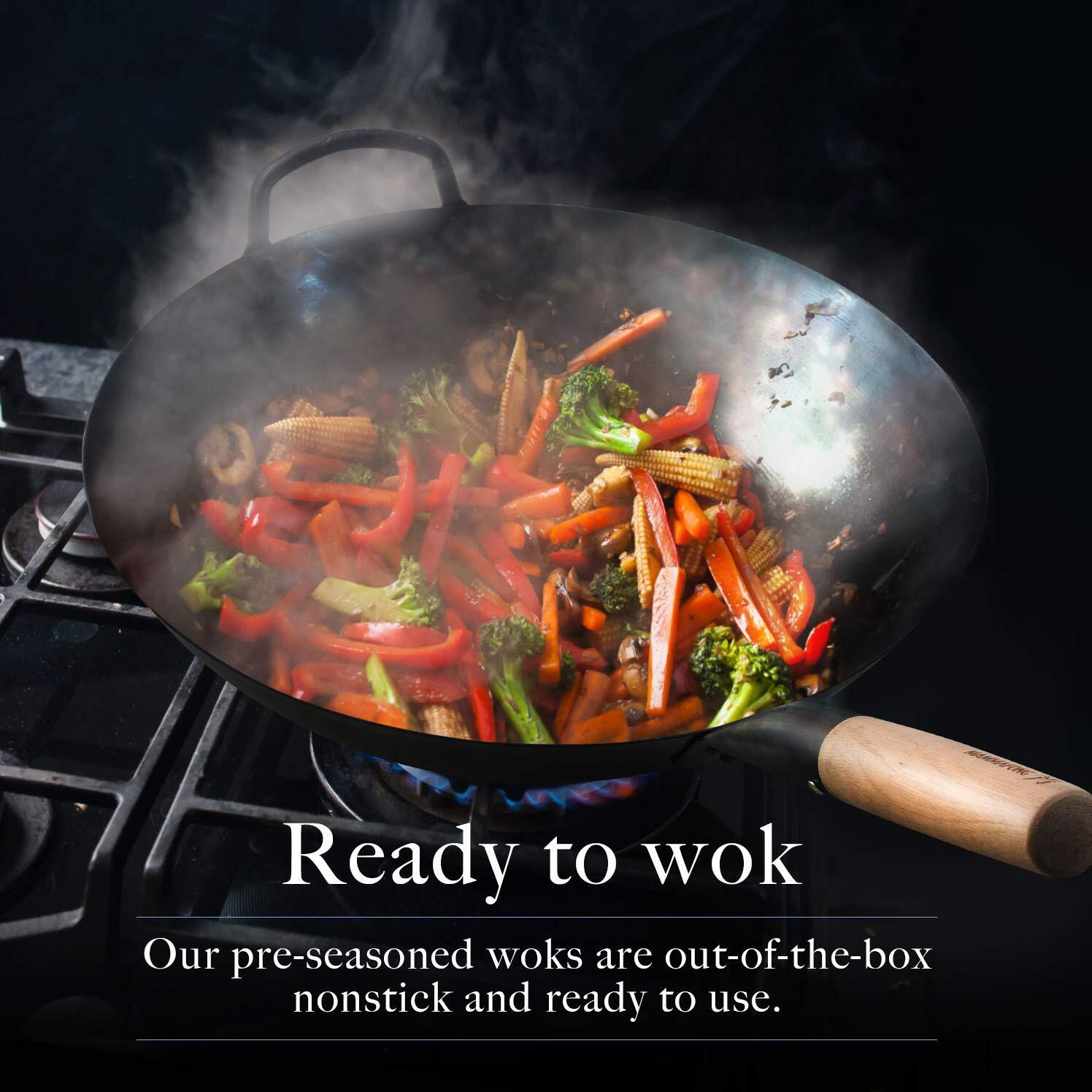 Mammafong Pre Seasoned Blue Carbon Steel Flat Bottom Wok -14 Inch Chinese Pow Wok - Traditionally Hand Hammered Woks And Stir Fry Pans