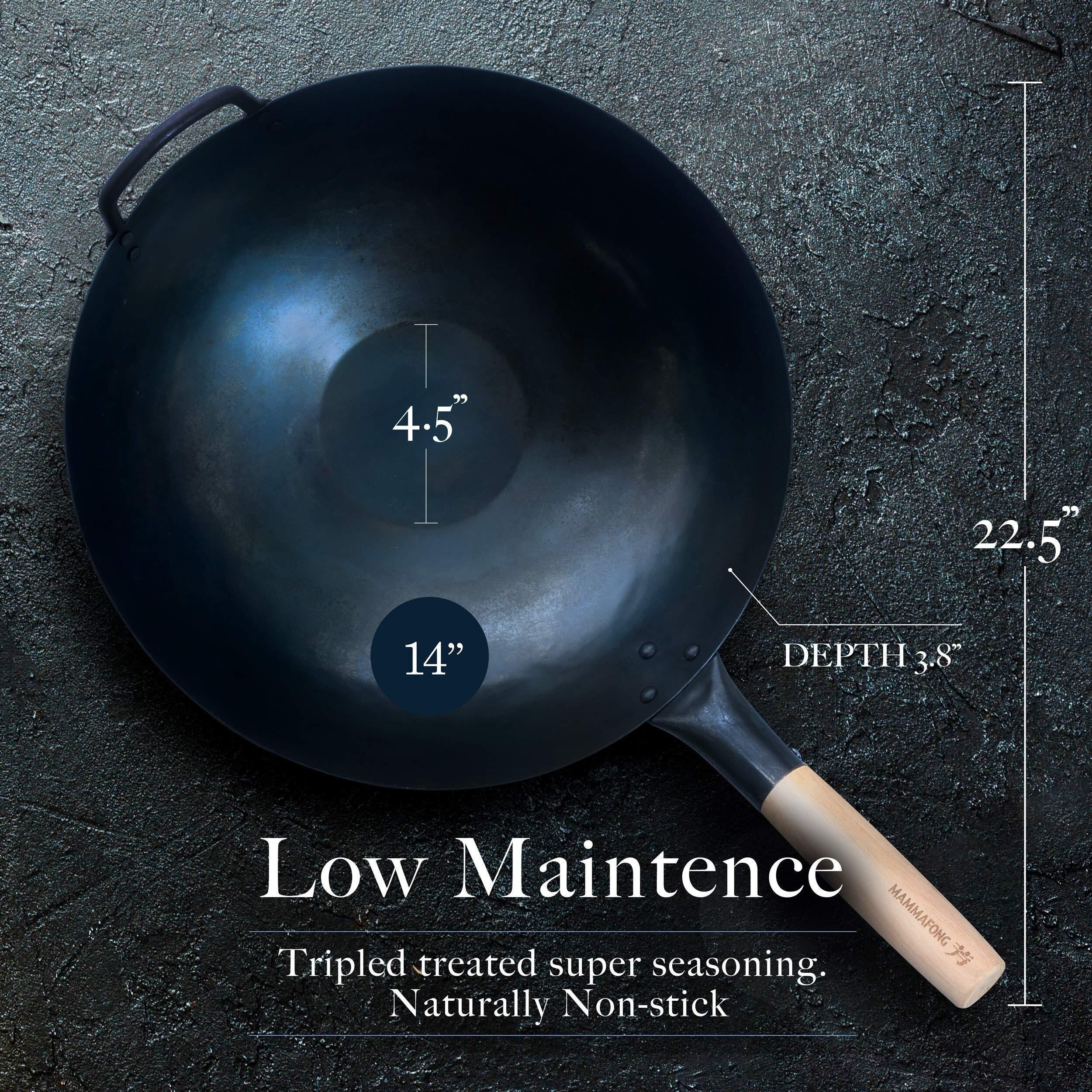 Mammafong Pre Seasoned Blue Carbon Steel Flat Bottom Wok -14 Inch Chinese Pow Wok - Traditionally Hand Hammered Woks And Stir Fry Pans