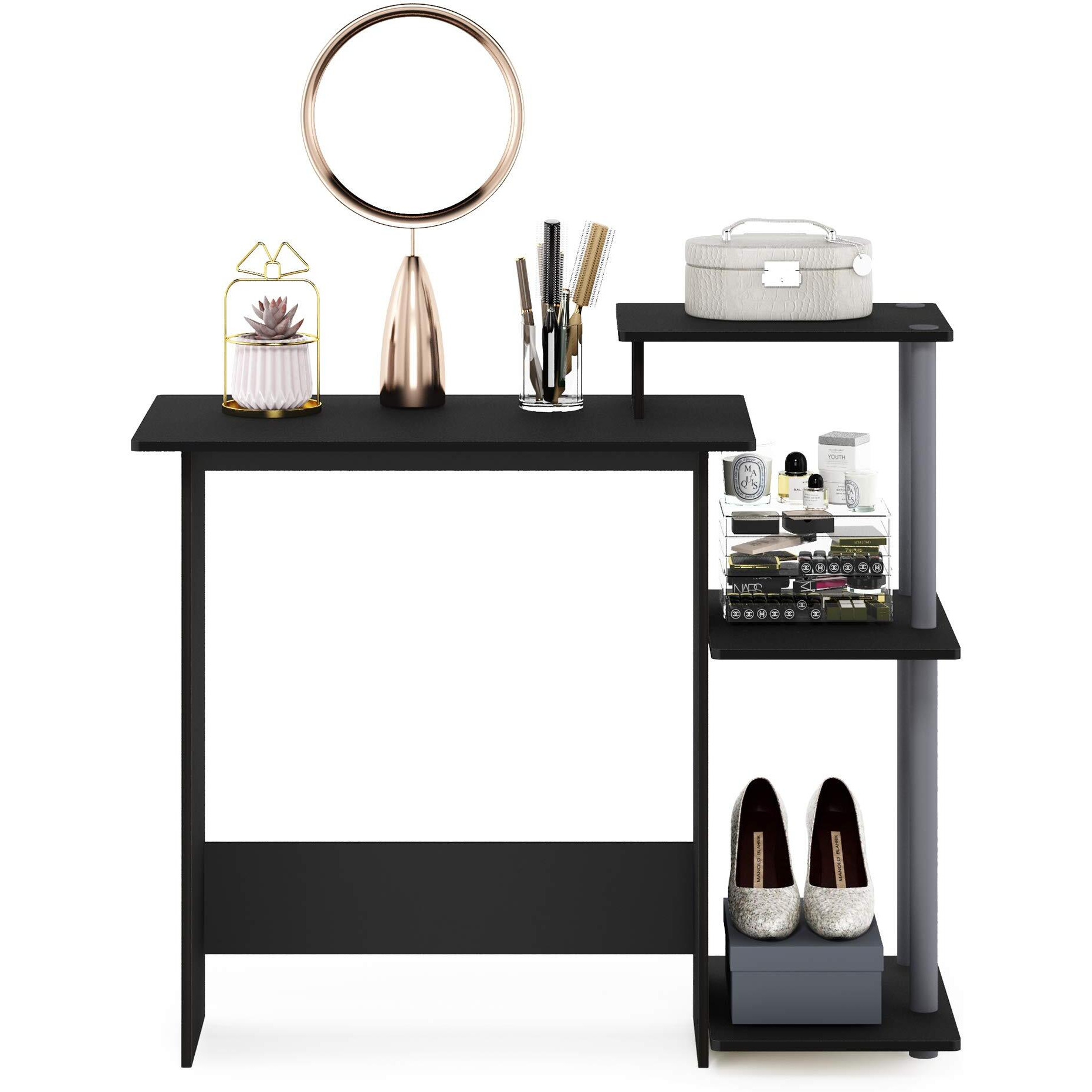 Furinno Efficient Home Laptop Notebook Computer Desk With Square Shelves, Solid Black/Grey