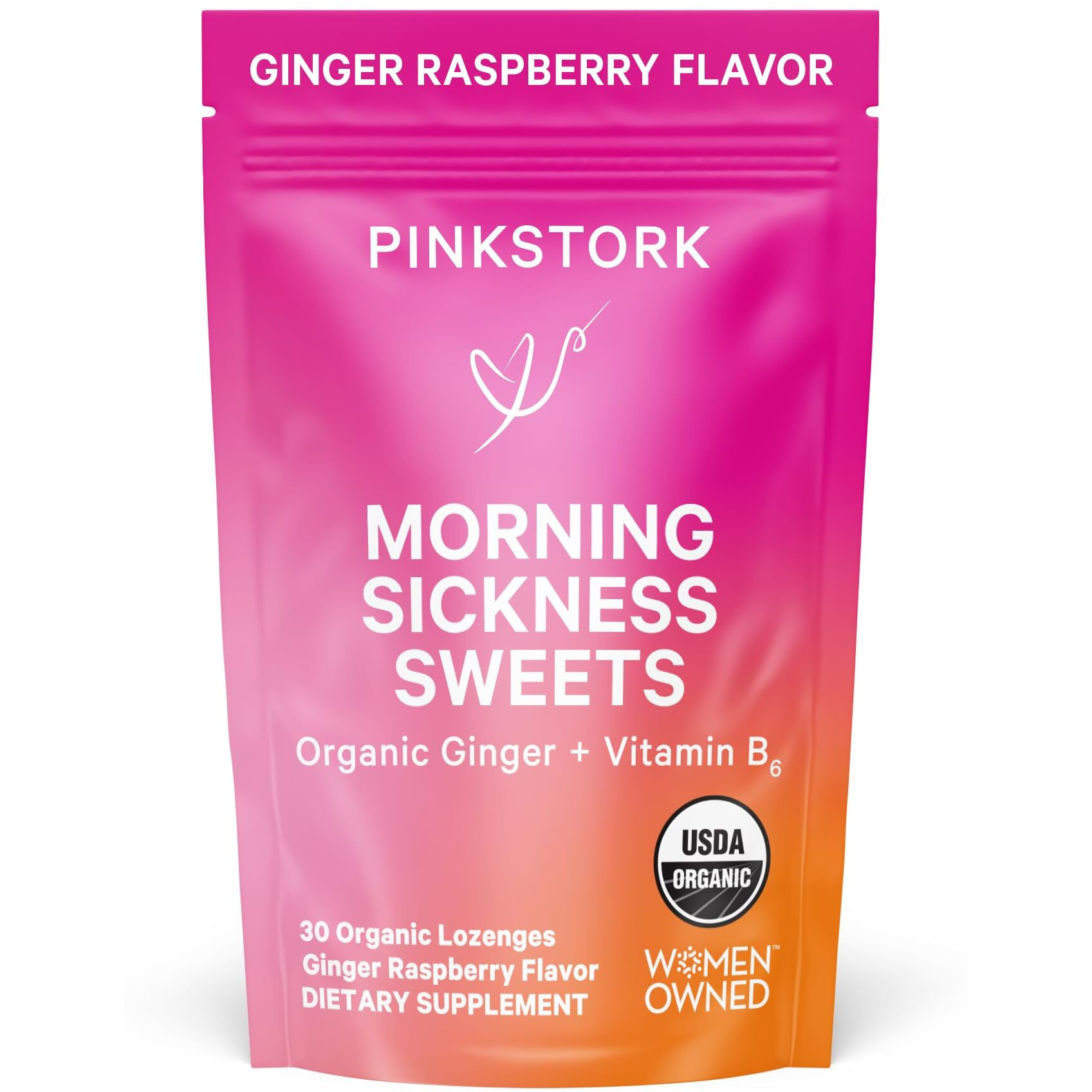 Pink Stork Morning Sickness Sweets, Organic Raspberry Ginger Candy With Vitamin B6 For Morning Sickness, Motion Sickness, Prenatal Heartburn - Pregnancy Must Haves - 30 Wrapped Drops
