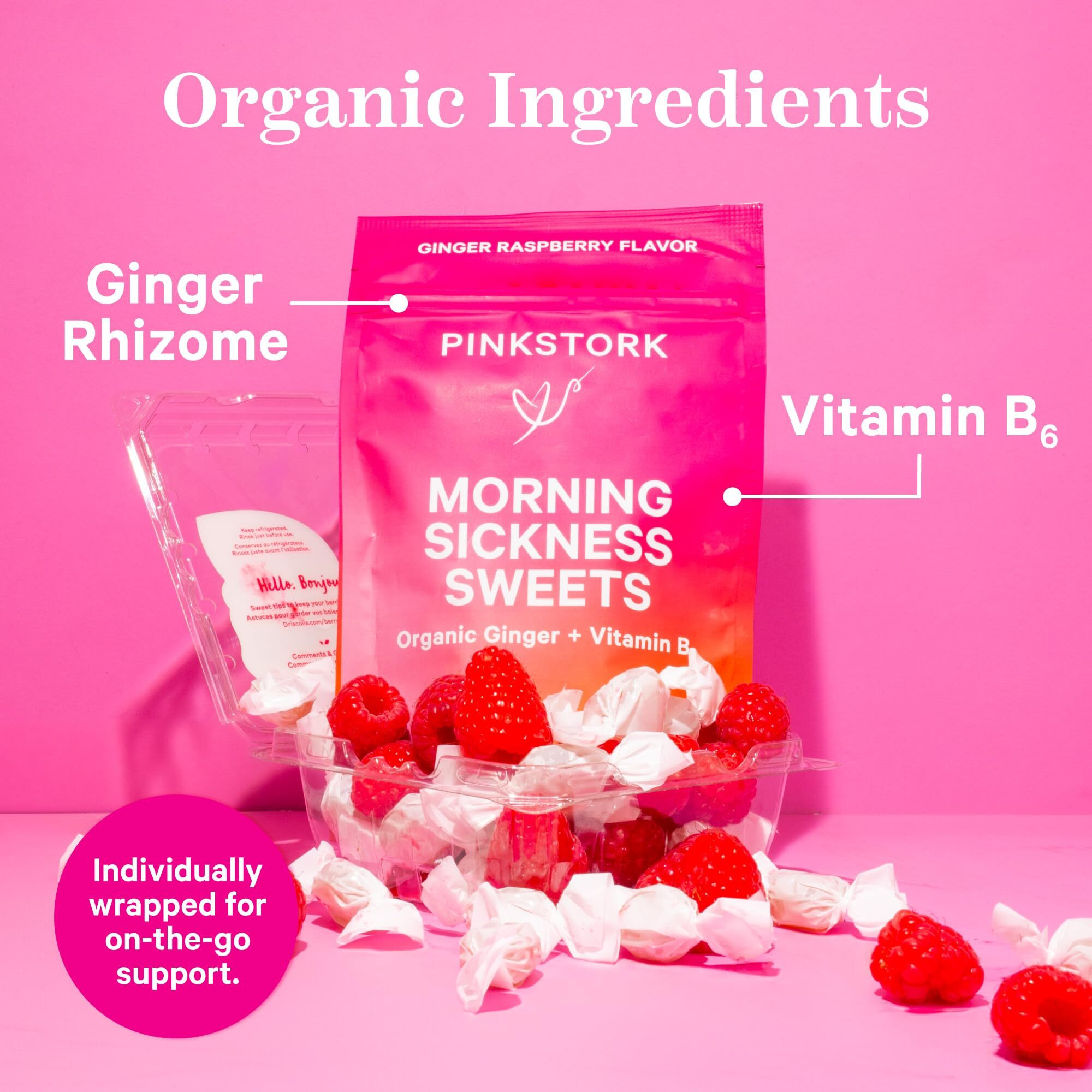 Pink Stork Morning Sickness Sweets, Organic Raspberry Ginger Candy With Vitamin B6 For Morning Sickness, Motion Sickness, Prenatal Heartburn - Pregnancy Must Haves - 30 Wrapped Drops